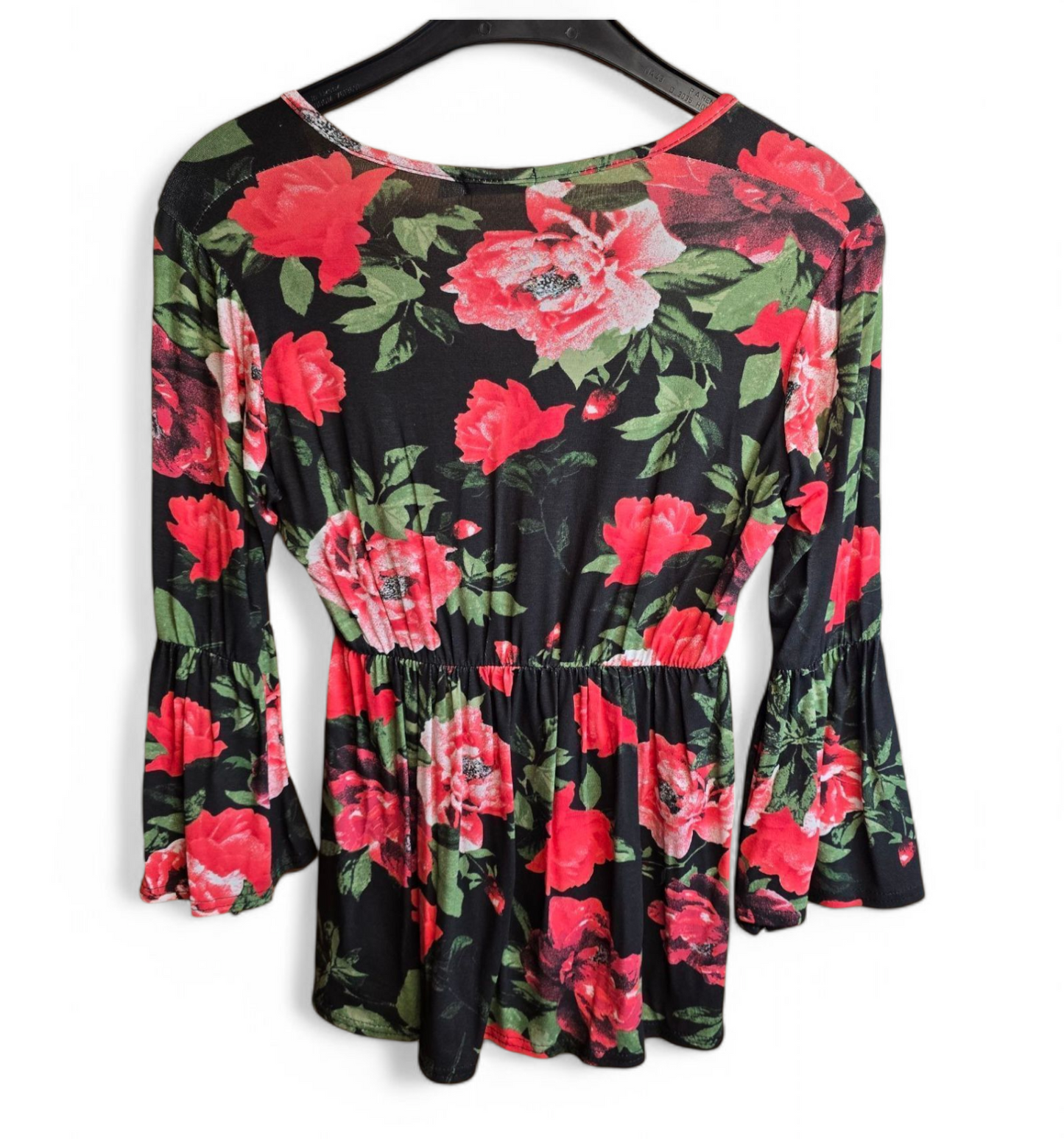 Boohoo black & red floral flared 3/4 sleeve top size 8 New