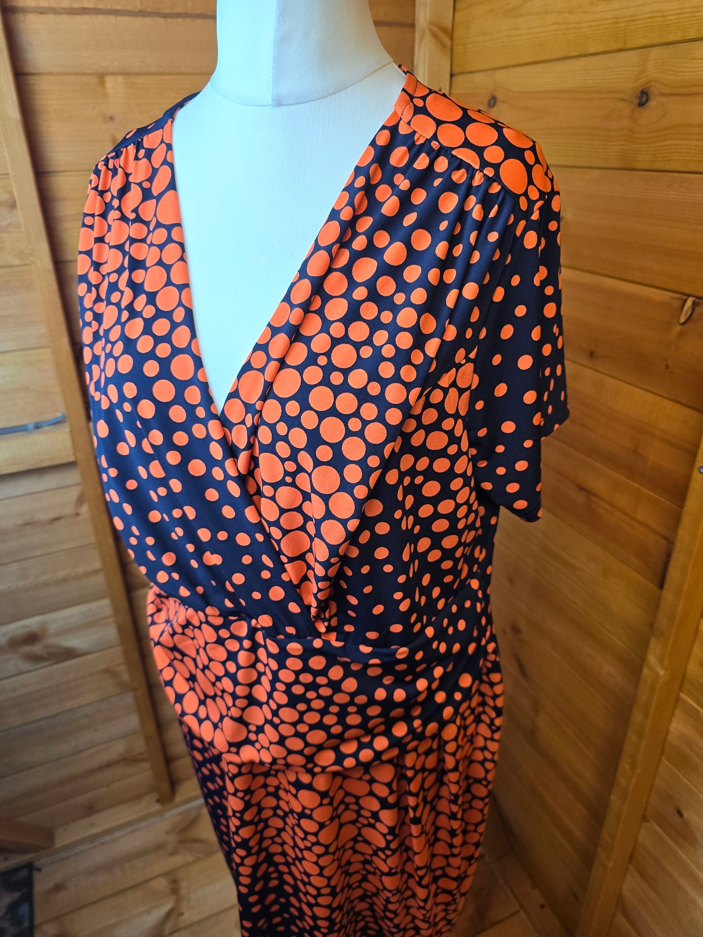 Kaleidoscope Orange & Black Polka Dot Midi Dress | Size 22 UK | Wrap V-Neck, Tummy Control