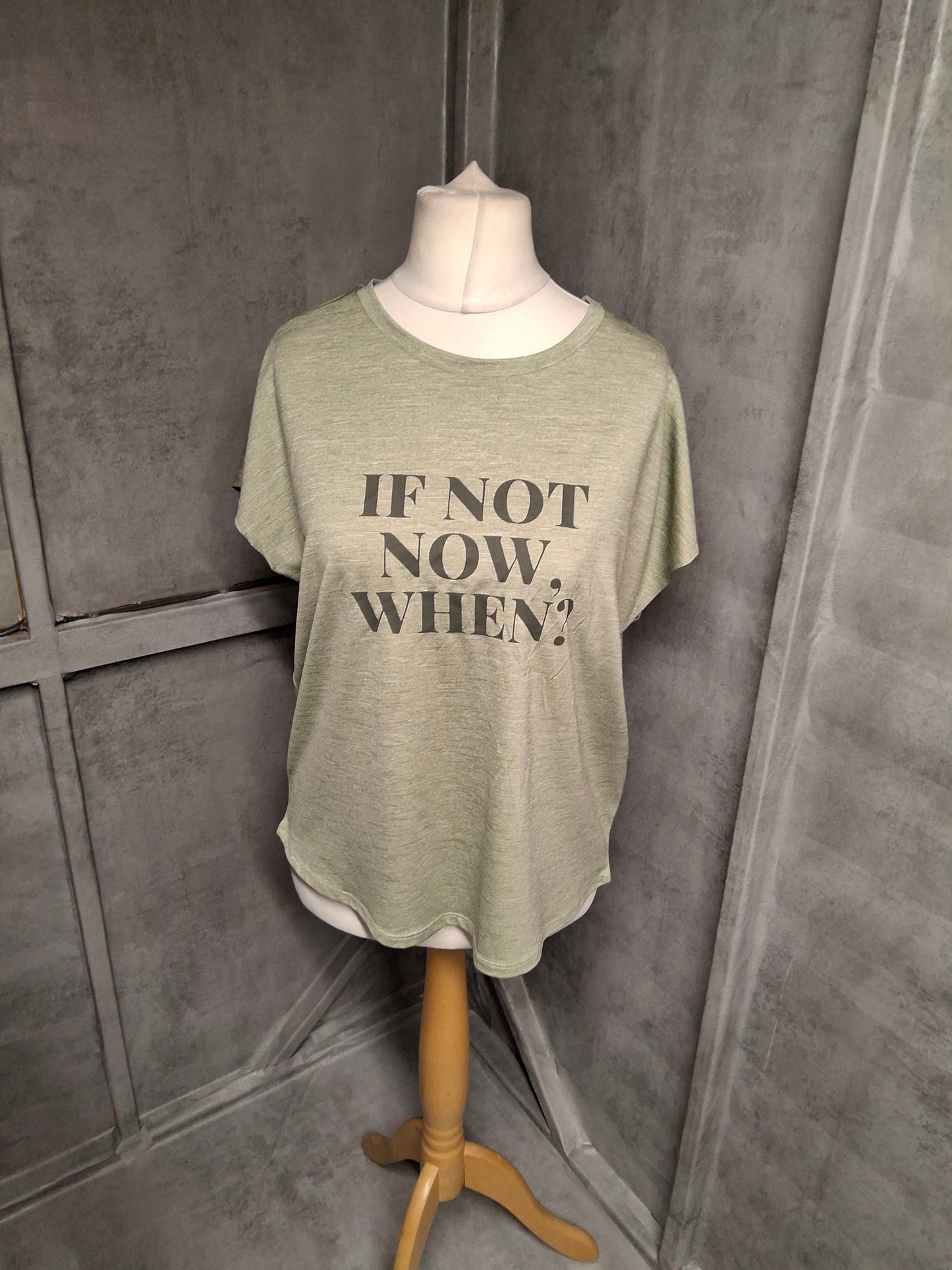 George Khaki Slogan T-Shirt – Size 12/14 – Stretchy Casual Fit "If Not Now, When?" Tee