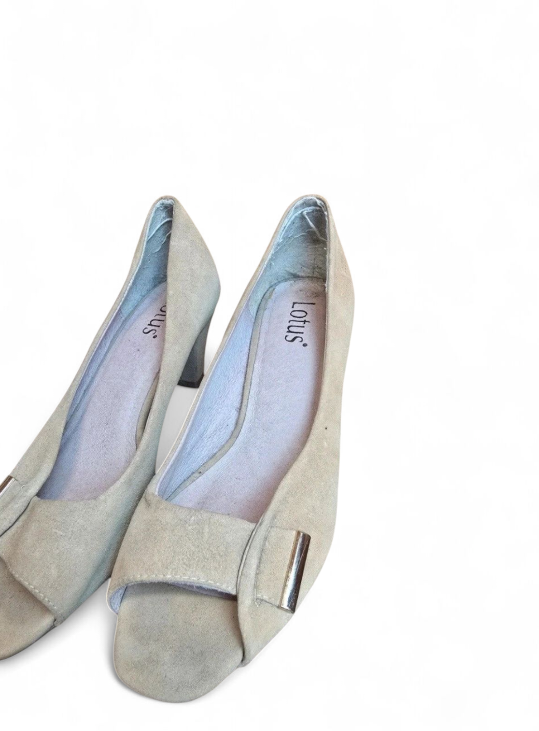 Lotus peep toe beige suede small heel shoes size 5.5