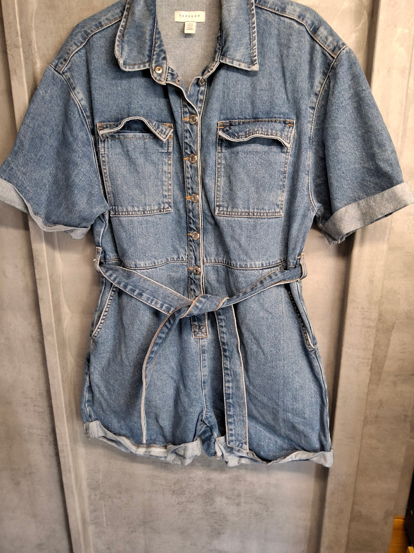 Topshop Denim Blue Boiler Suit Playsuit – Size 12 | 100% Cotton | Pockets & Belted Waist