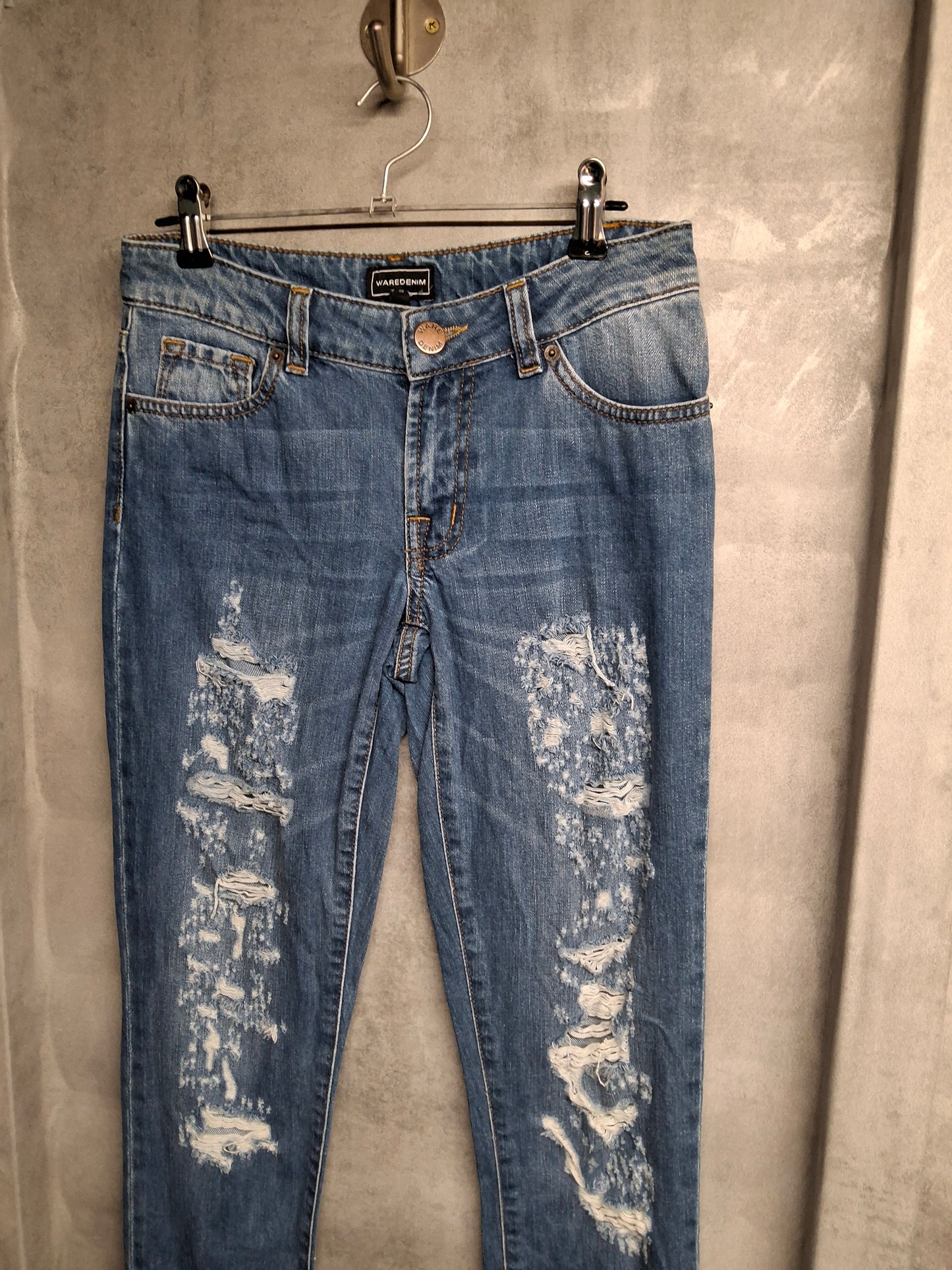 Warehouse Distressed Skinny Jeans – Size 6 Mid-Rise Blue Denim