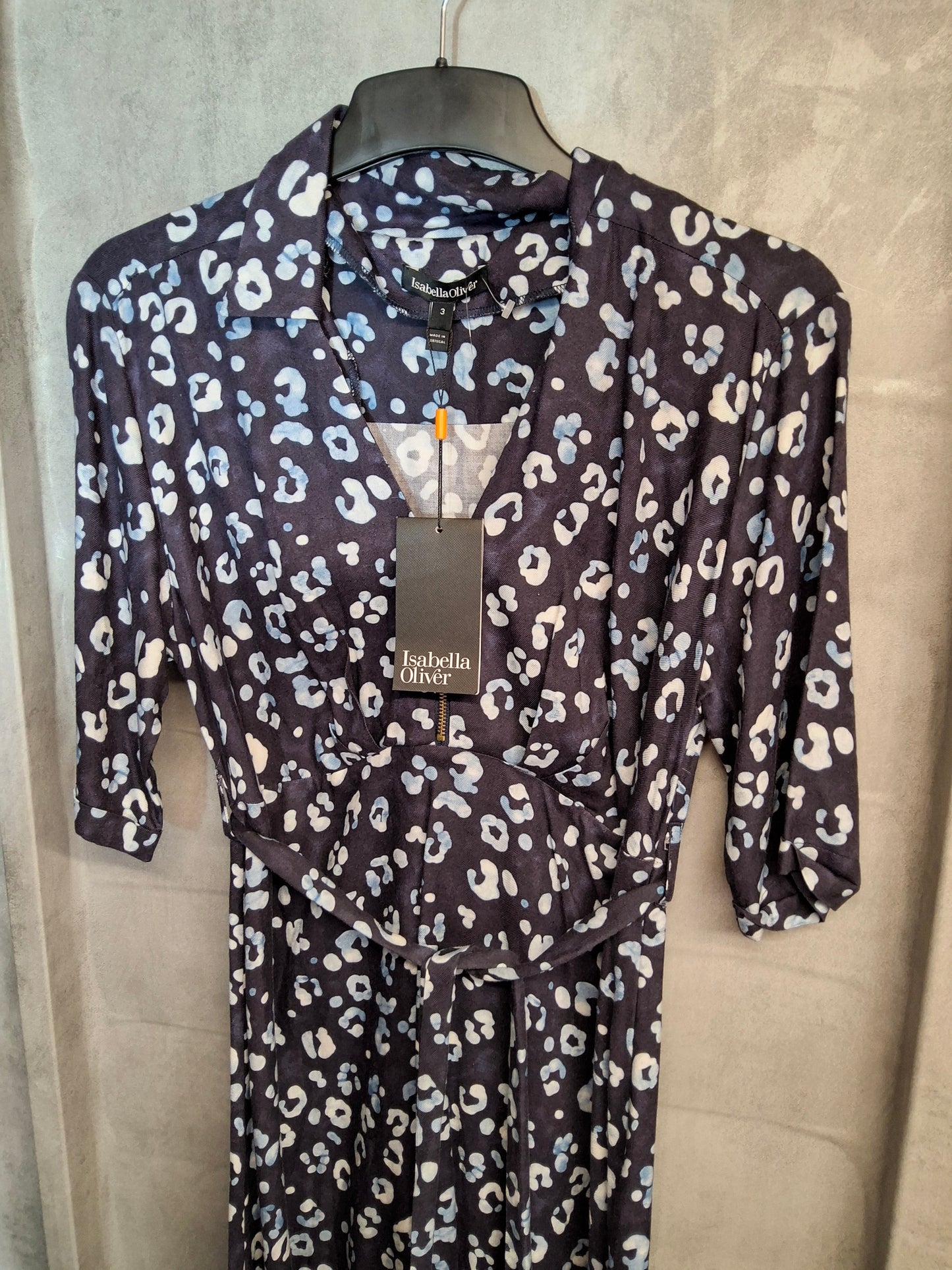 Isabella Oliver Navy Animal Print Maternity Nursing Dress – Size 12, Belted, RRP £129