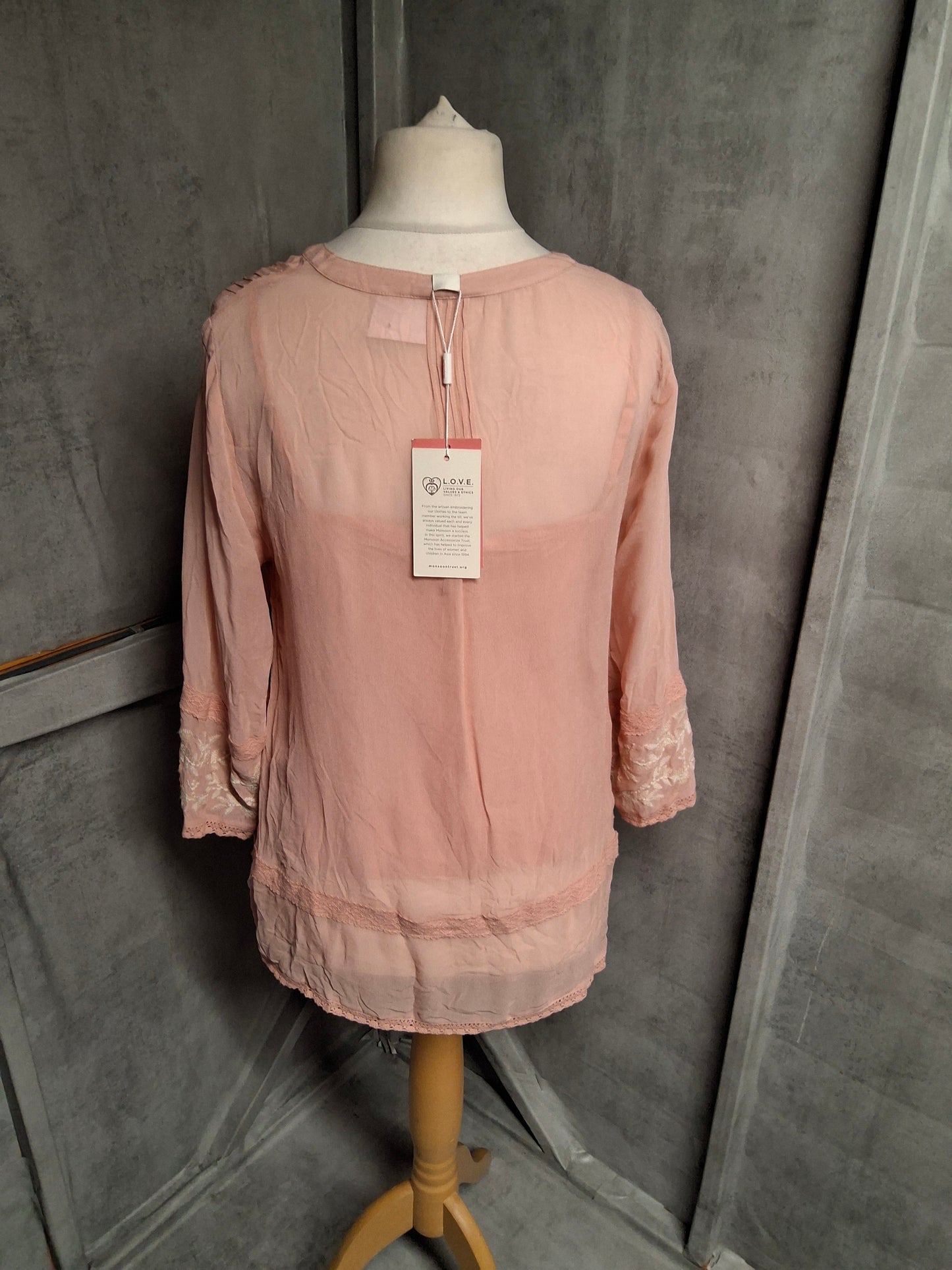 Monsoon Light Pink Embroidered Blouse – Size 12 – 100% Viscose – NWT RRP £49