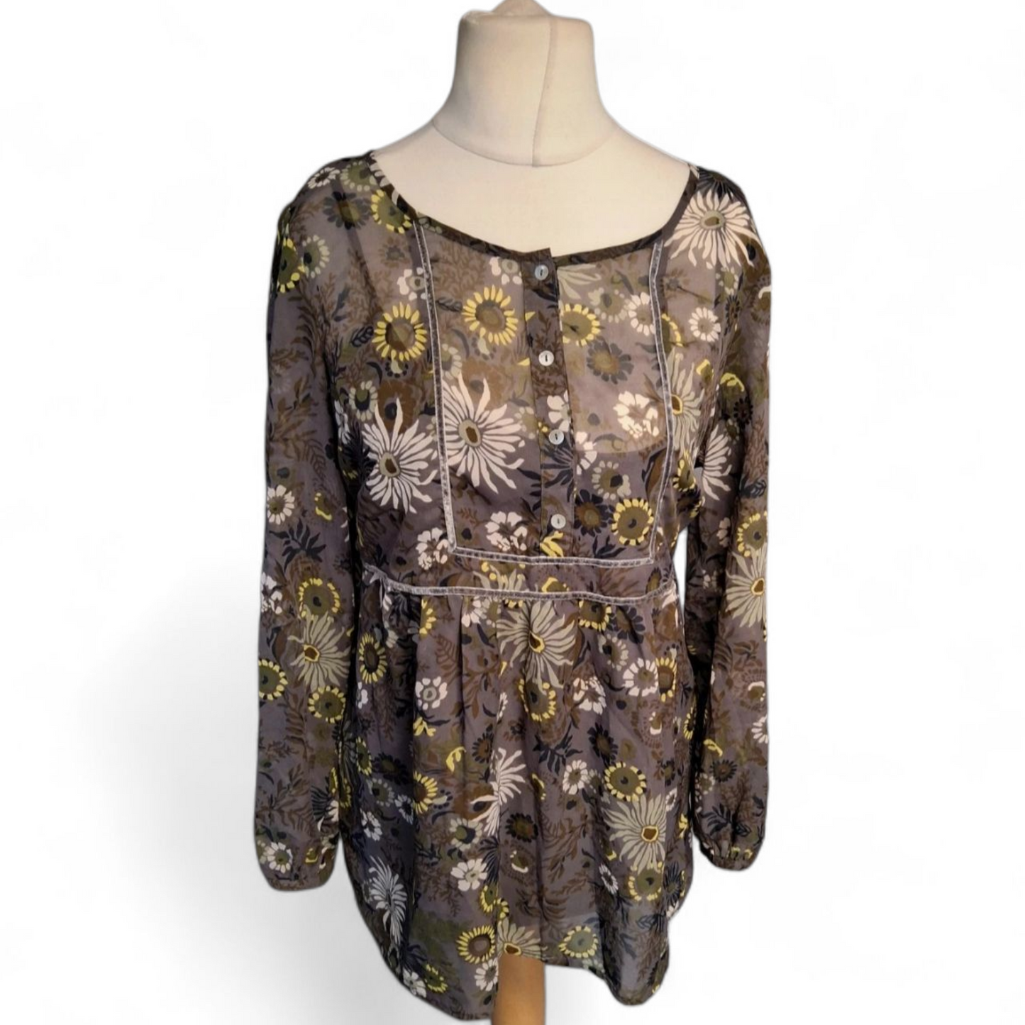 M&S Grey Floral Sheer Blouse with Cami & Tie Belt – Size 14