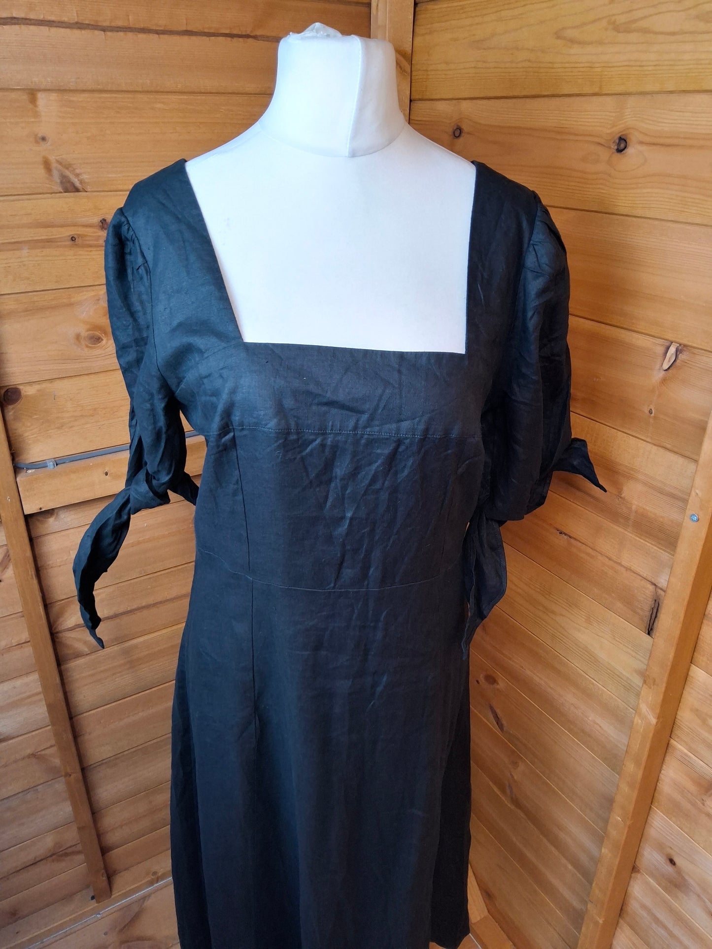 Next Black 100% Linen Midi Dress – Size 12 – NWT – Tie Sleeves – RRP £48