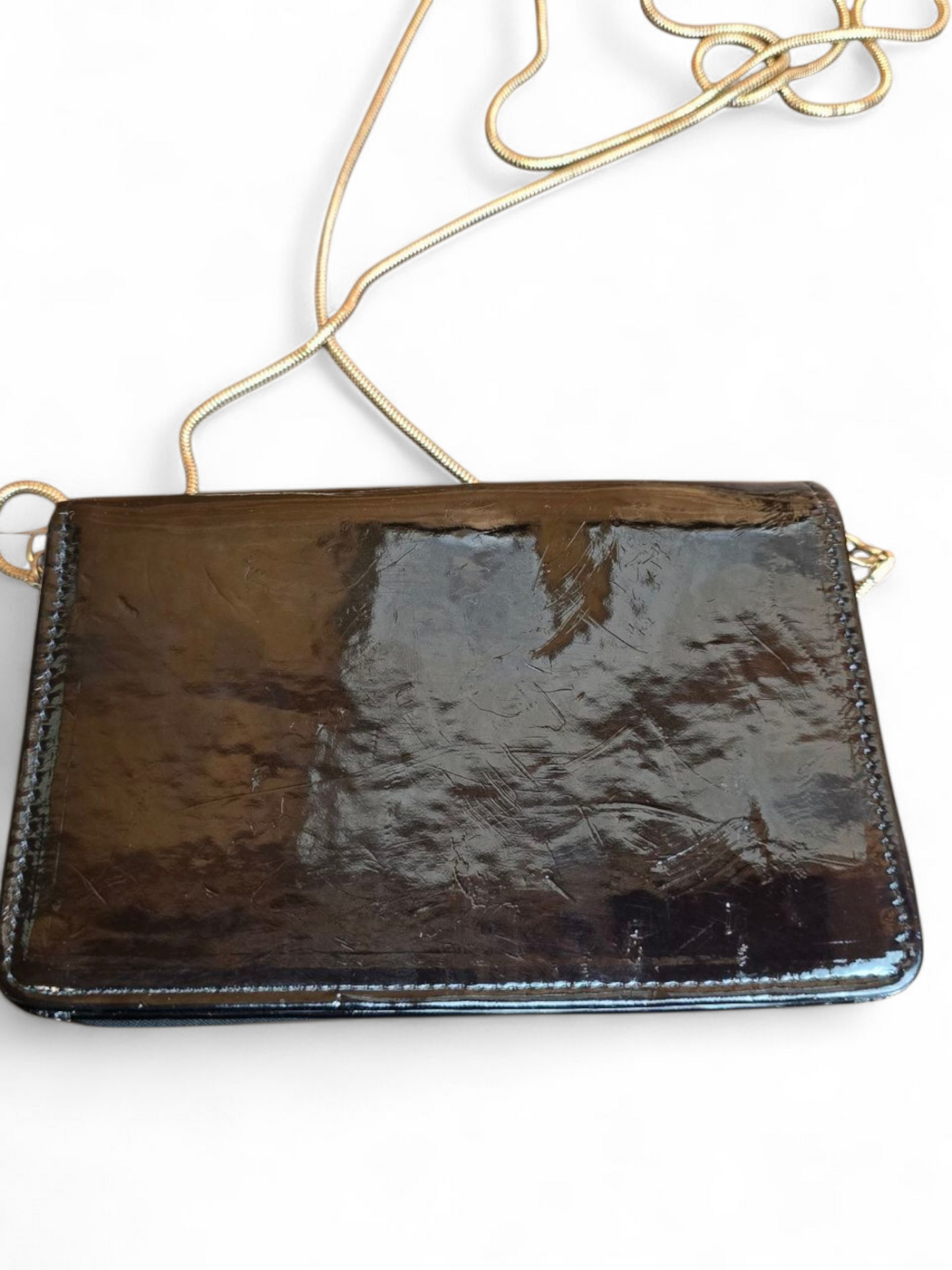 Miss Selfridge Black Patent Clutch – Gold Chain, Removable Strap, Popper Close, 17x11cm
