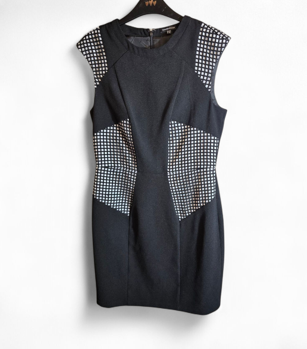 Warehouse black & white netted short sleeved A-line work dress size 12