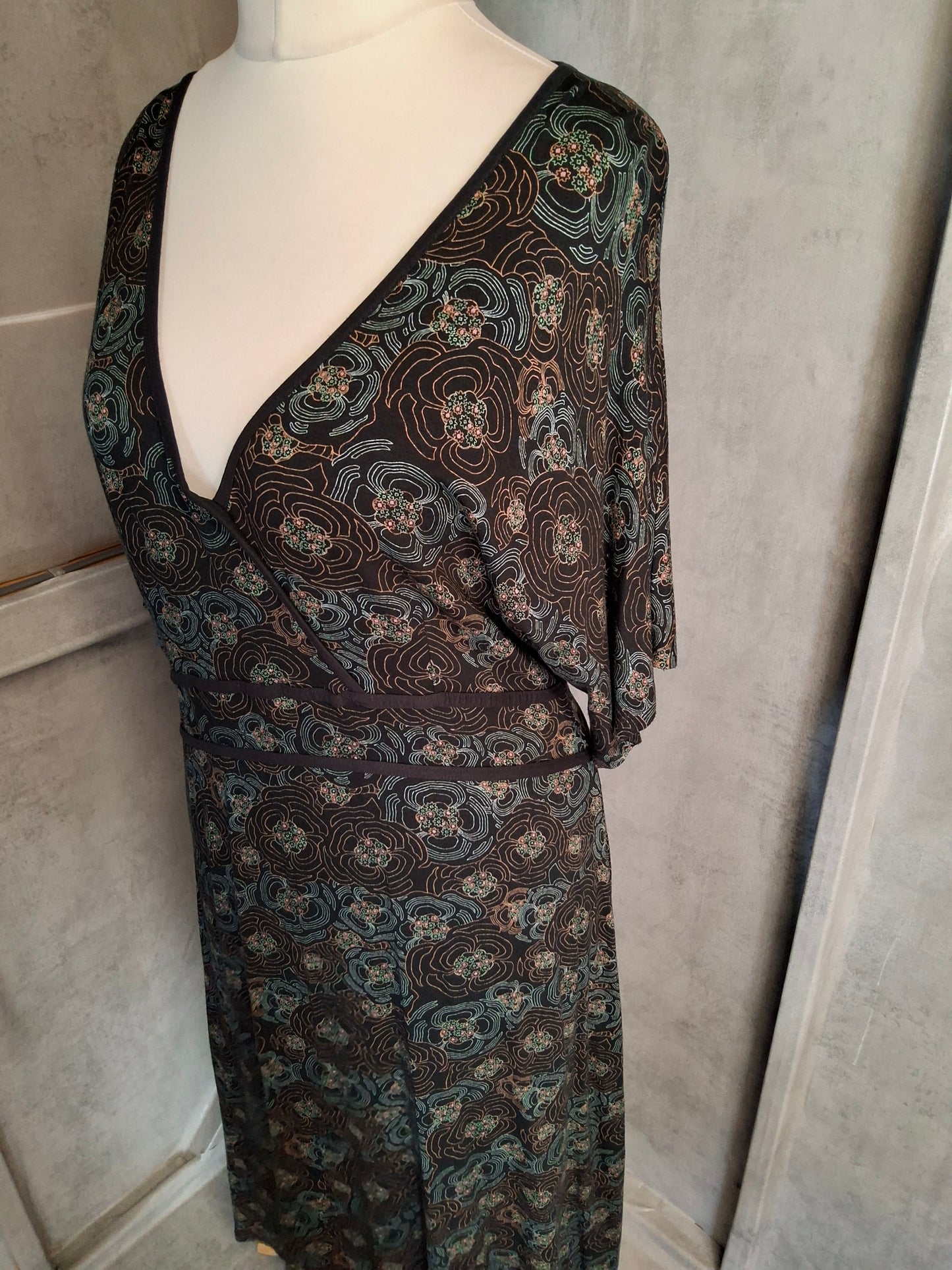 Y2K 2005 Next Maternity Black & Turquoise Floral Midi Dress - 3/4 Sleeves, Stretchy Viscose