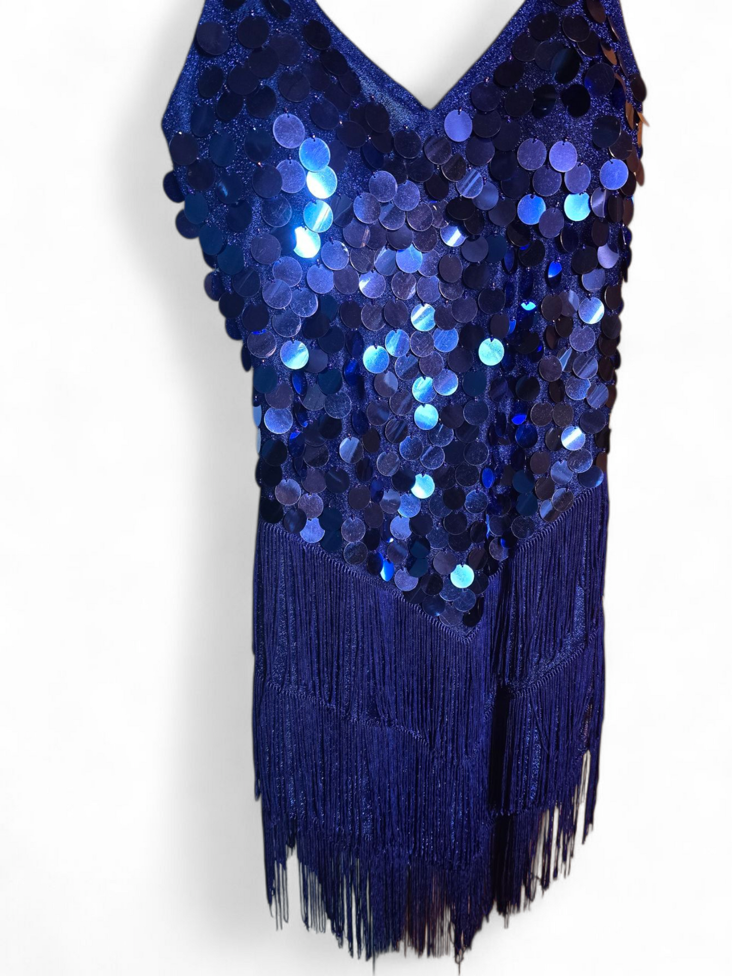 Blue Sequin Glitter 1920s Flapper Dress Tassel Detail Adjustable Straps V-Neck