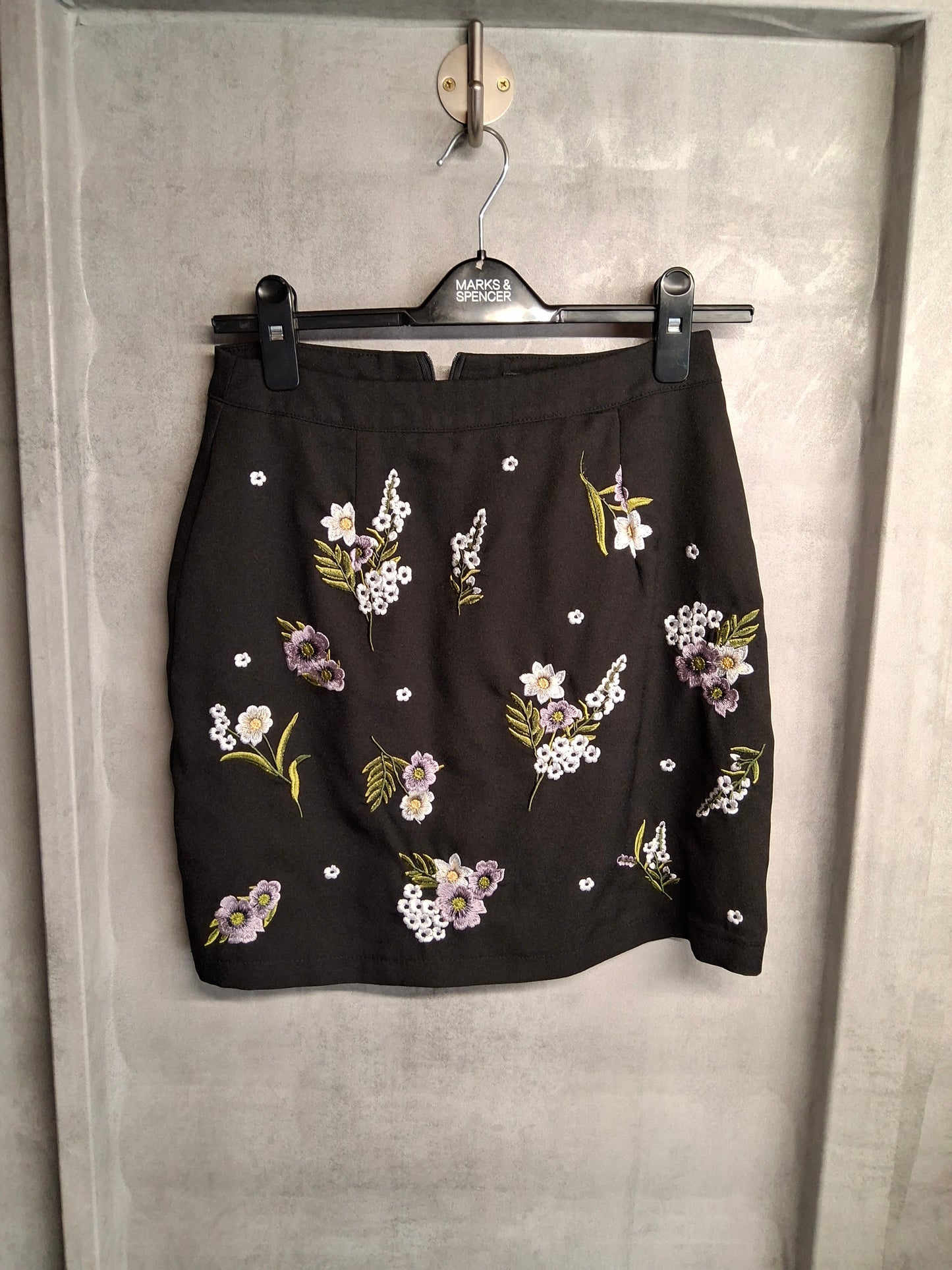 New Look Black Embroidered Floral Mini Skirt β Size 8 β Fully Lined
