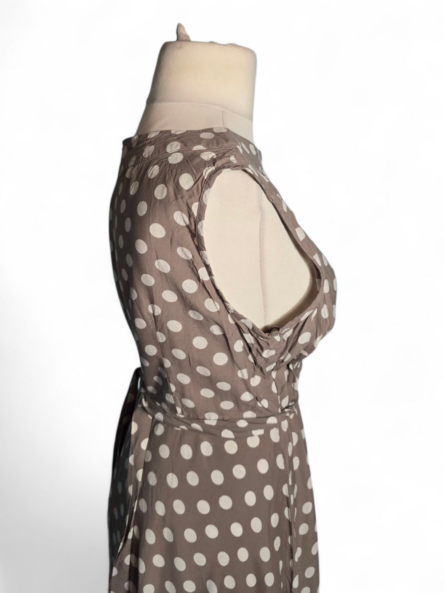 Wallis Petite Light Brown & White Polka Dot Flared Midi Dress | Sleeveless | Belted | 100% Viscose Size 16