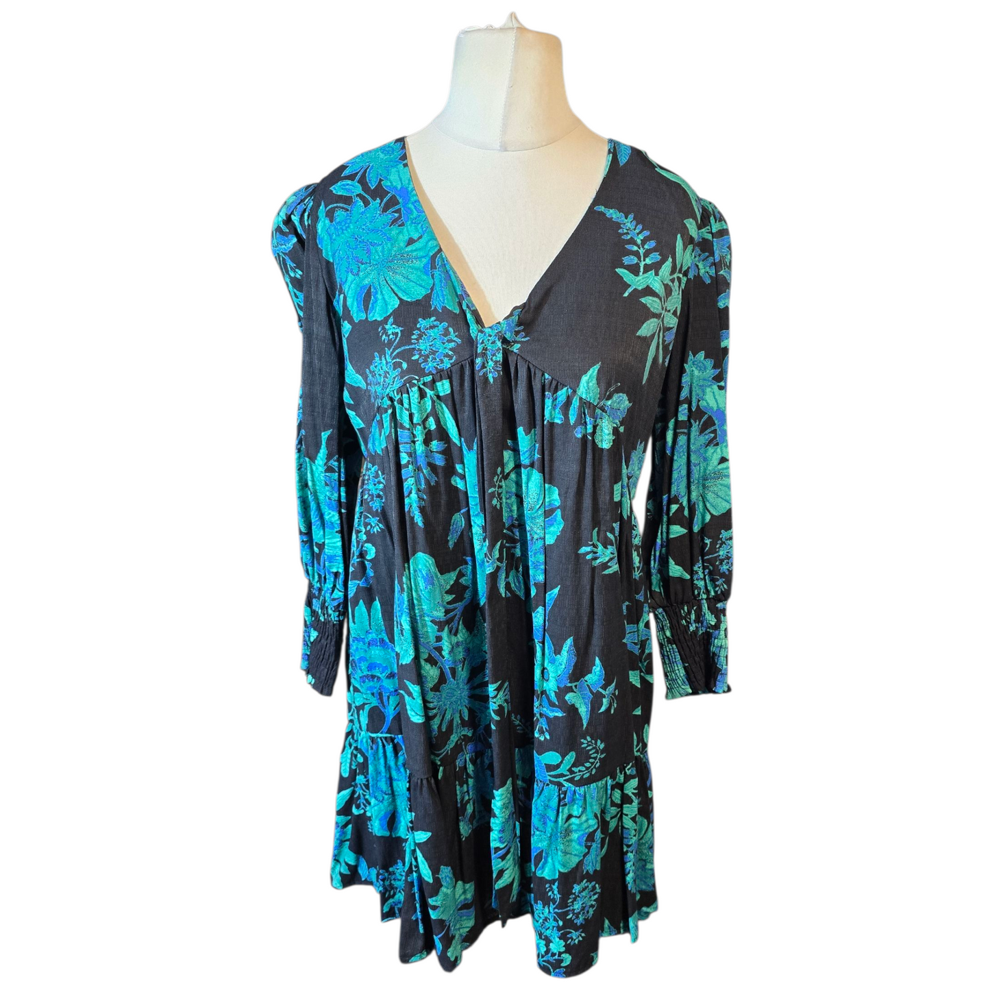 Next Black & Green Floral Fit & Flare Dress – Size 12 Tall – NWT