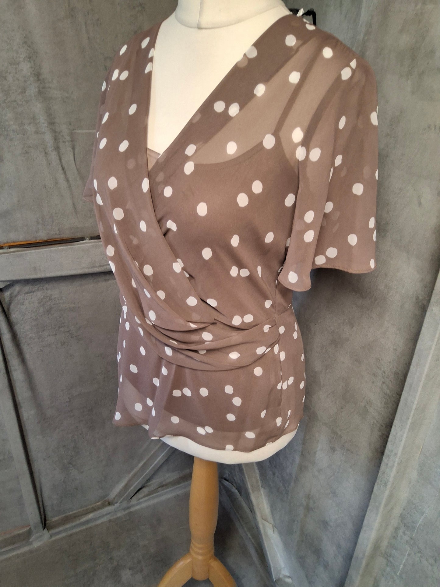 Jacques Vert Brown Polka Dot Sheer Layered Top – Size 8 – NWT RRP £69