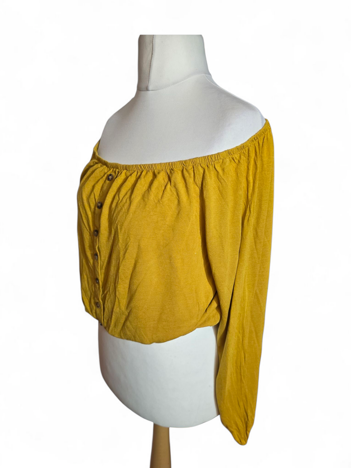 H&M Mustard Yellow Off-the-Shoulder Top Size L (Fits 12/14) – Button Front, Elasticated Waist & Cuffs
