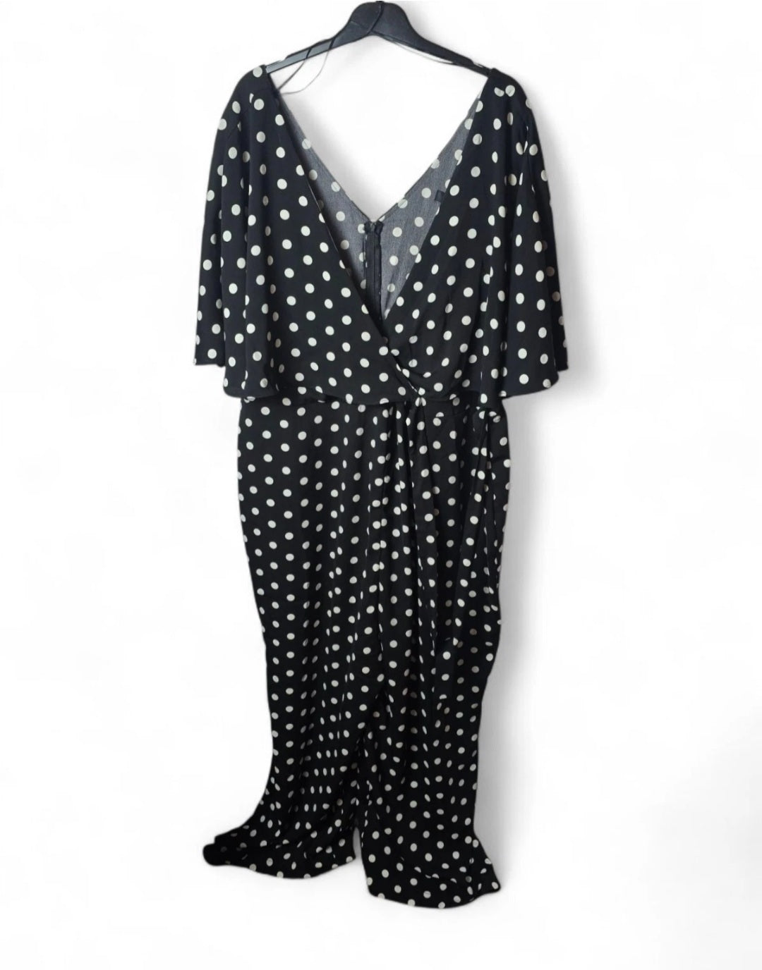Wallis Black & White Polka Dot Jumpsuit – UK 26, V-Neck, Flutter Sleeves, Wide Leg, Tie Detail