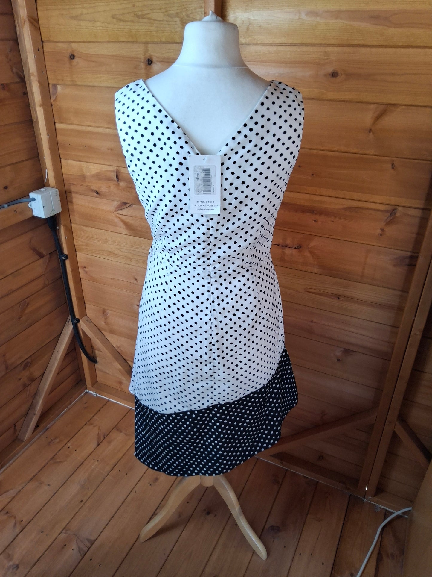 Lavish Alice Black & White Polka Dot Midi Dress – Size 12, Sleeveless, V-Neck, Asymmetrical Hem