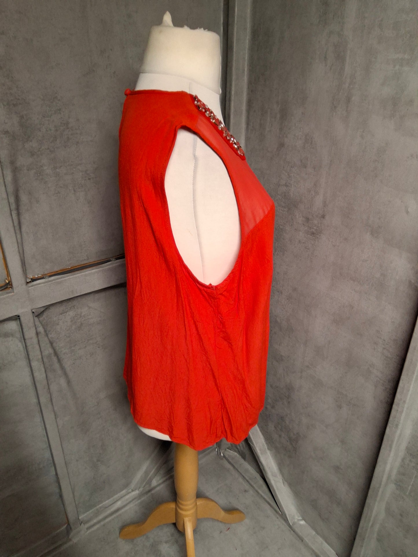F&F Red Sleeveless Embellished Blouse – Size 20 – Sheer Panel & Statement Beading