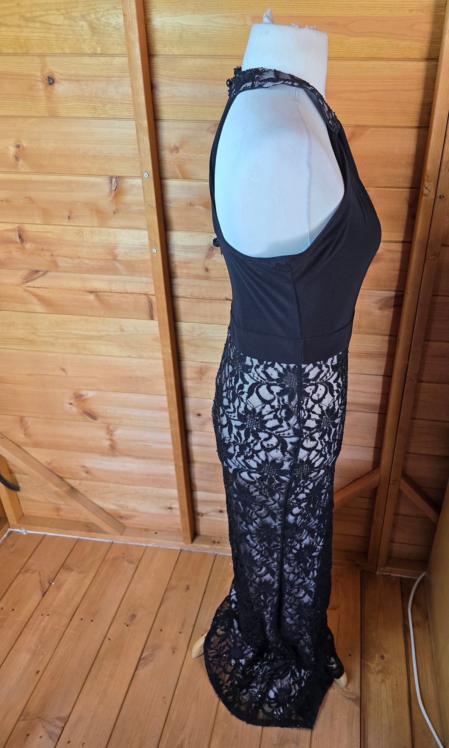 Jane Norman Black Lace Sequin Dress – Size 12, Sleeveless, High Neck, Long A-Line Formal Dress