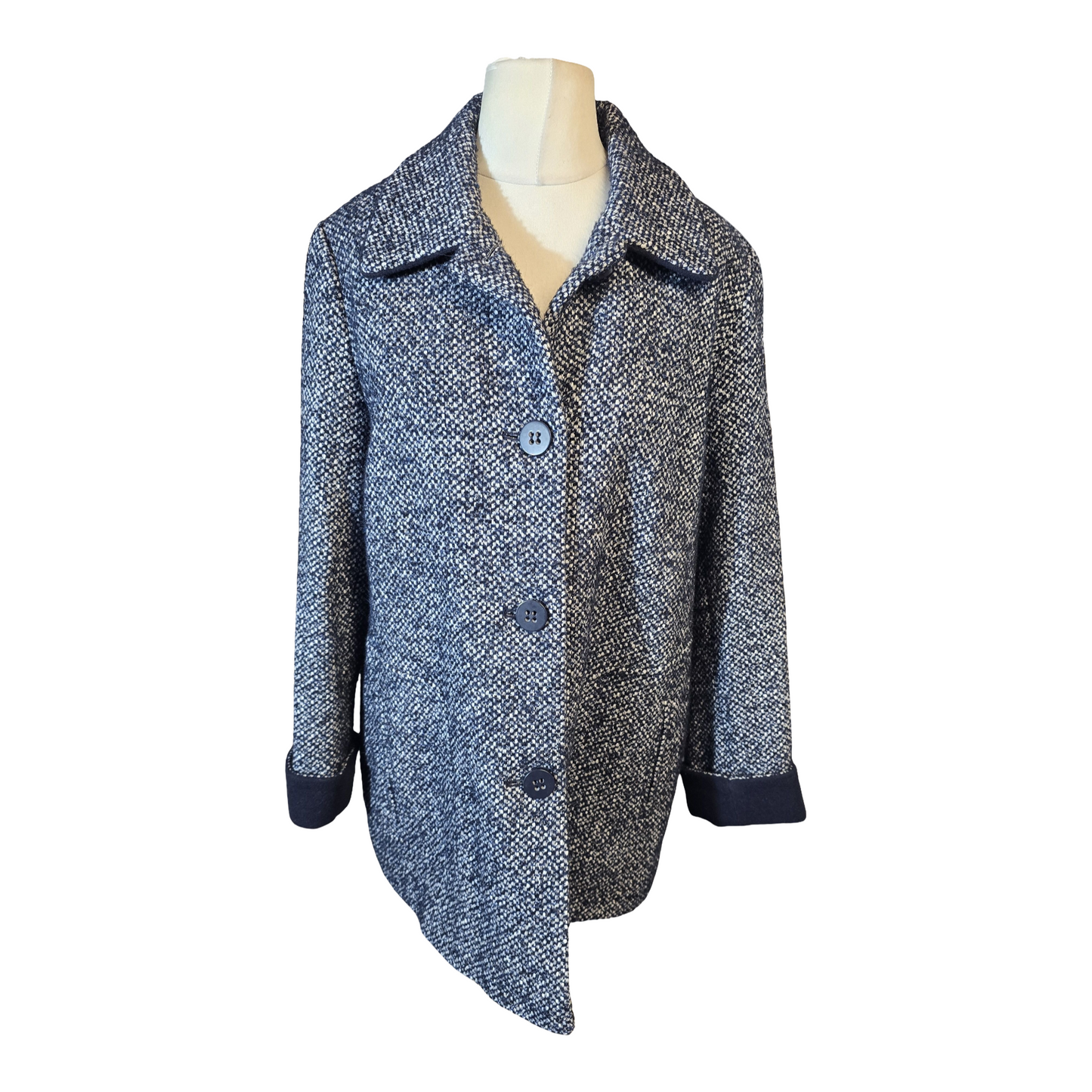 Eastex Navy & White Knit Midi Coat β Button Front, Pockets, Size 14