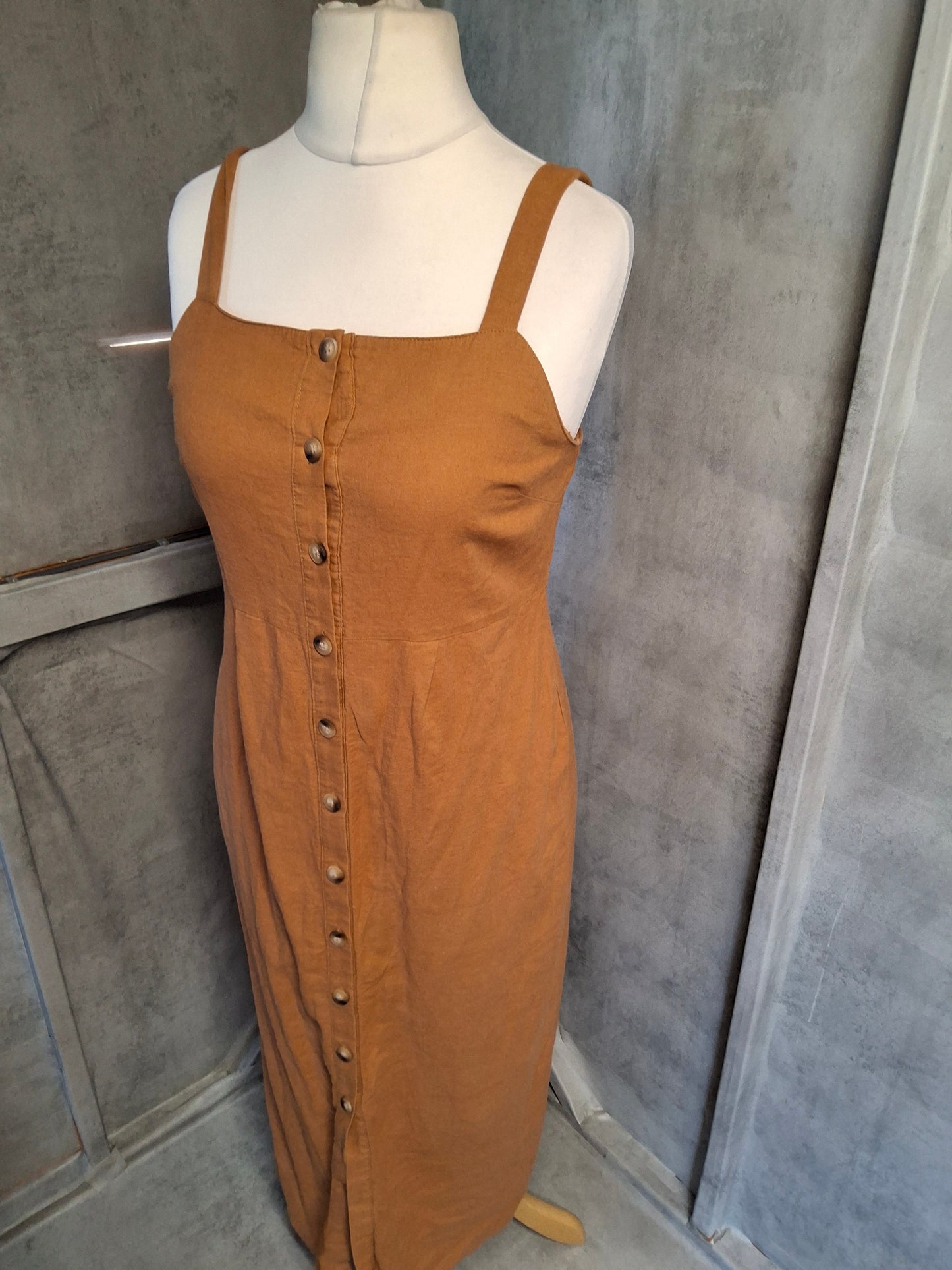 Topshop Linen Blend Midi Dress – Size 12 – Button Front – Earthy Vibes