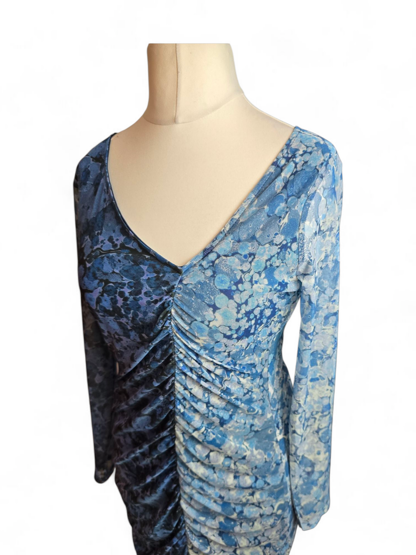 Warehouse Petite Blue Midi Dress Size 14 – Sheer Sleeves, Ruched Waist, Lined, V-Neck, Polyester