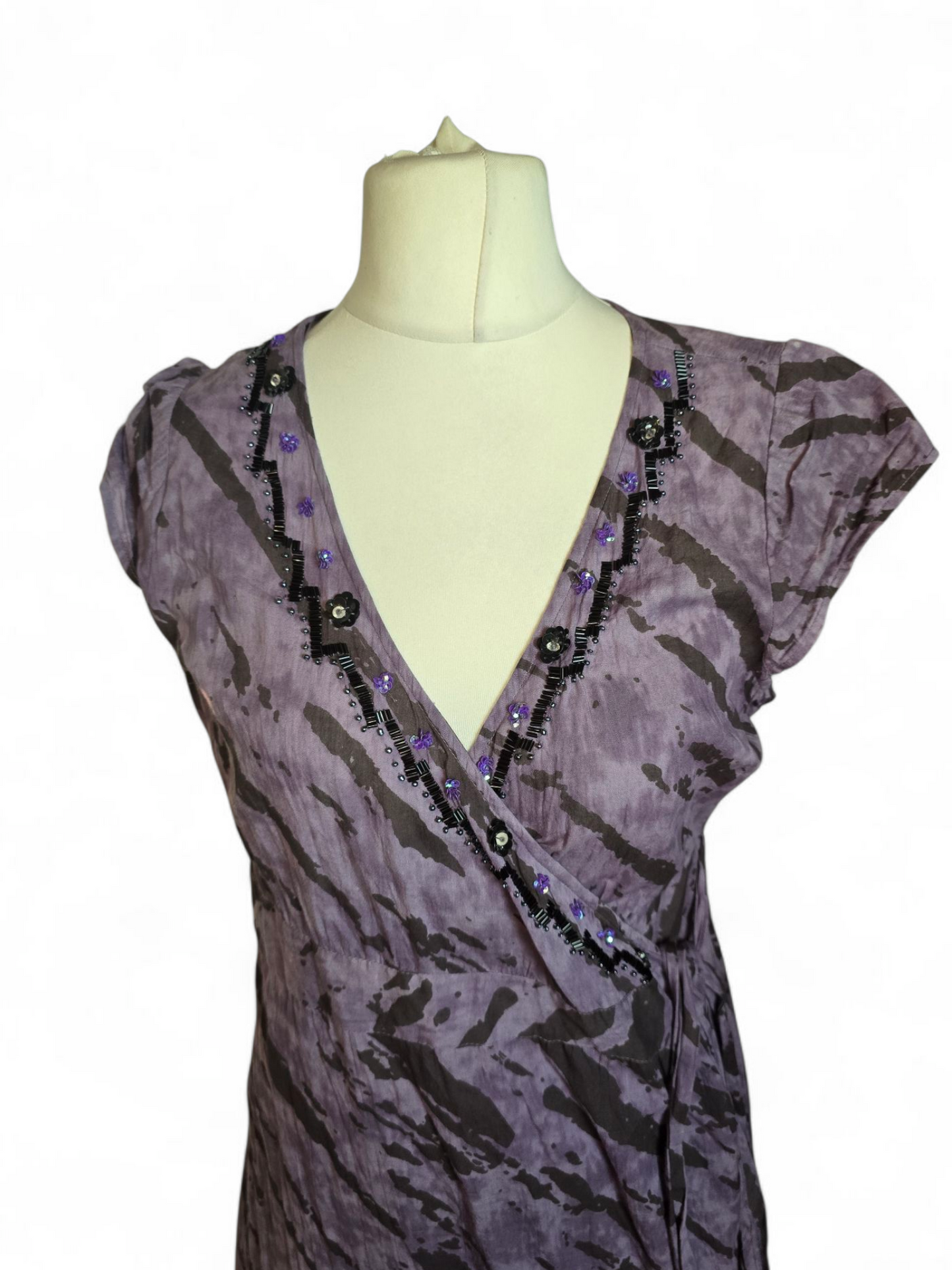 Joe Browns Purple Zebra Print Wrap Dress Size 16 – Midi, V-Neck, Gem Detail, 100% Cotton