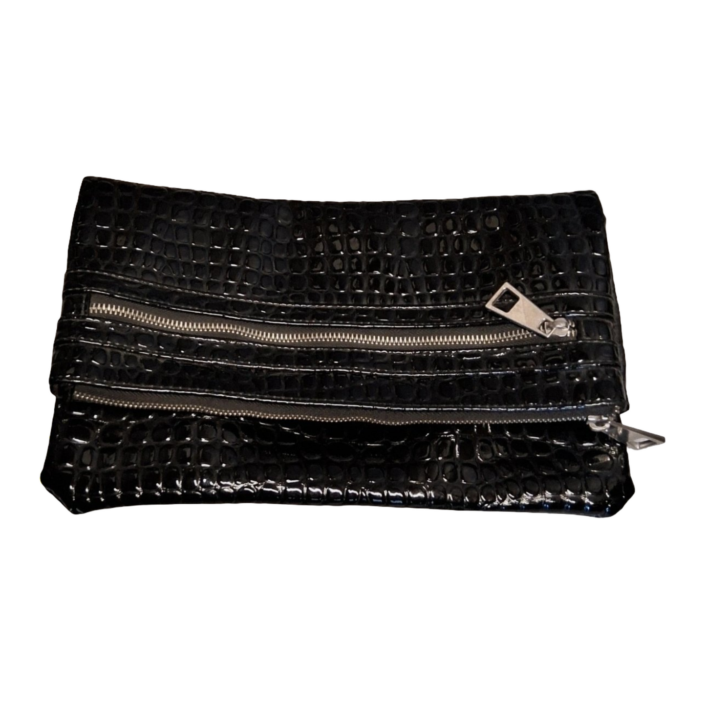 Primark Black Croc Faux Leather Fold-Over Clutch Bag ā Zip & Popper Fastening