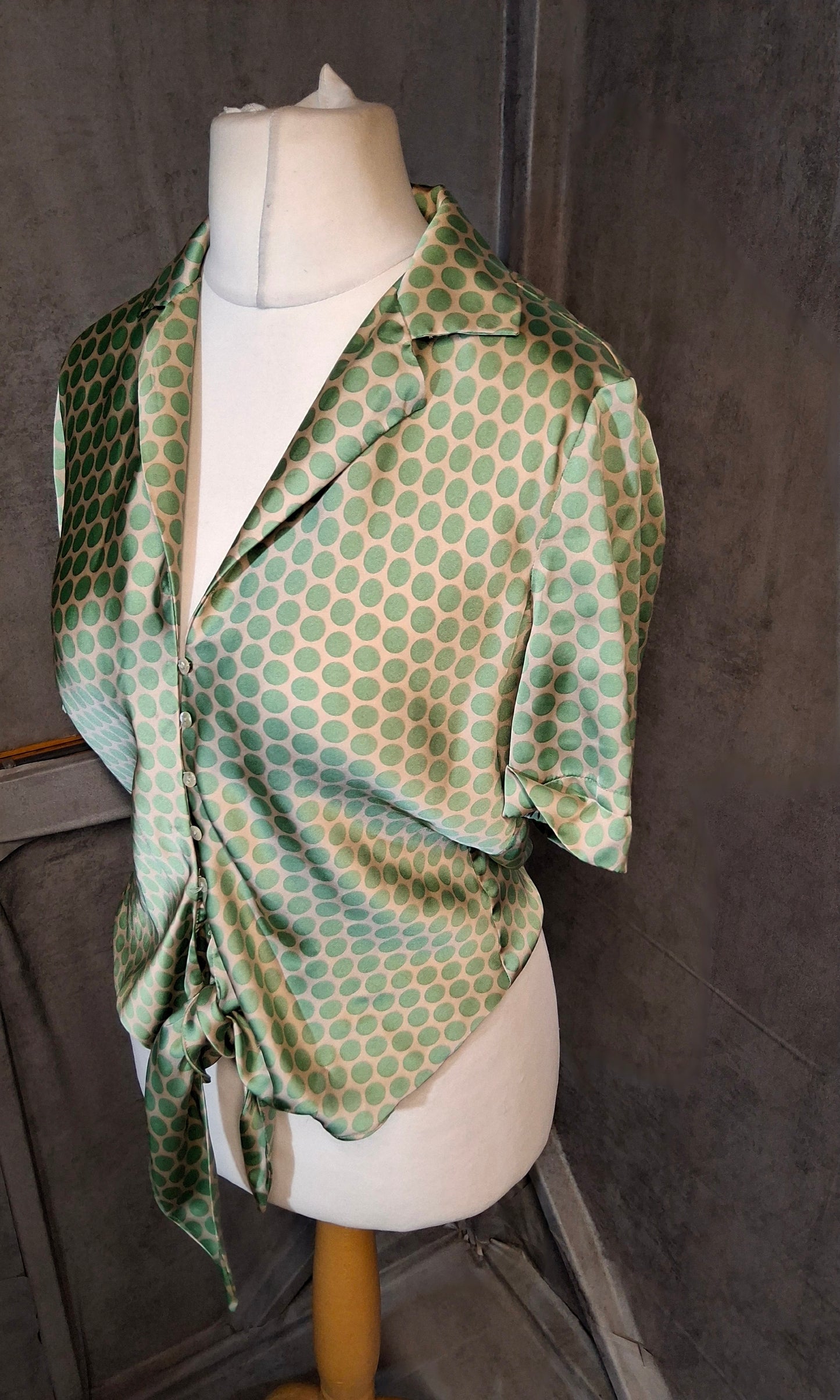 Mango Green & Beige Polka Dot Silky Blouse – Size M (UK size 10/12)