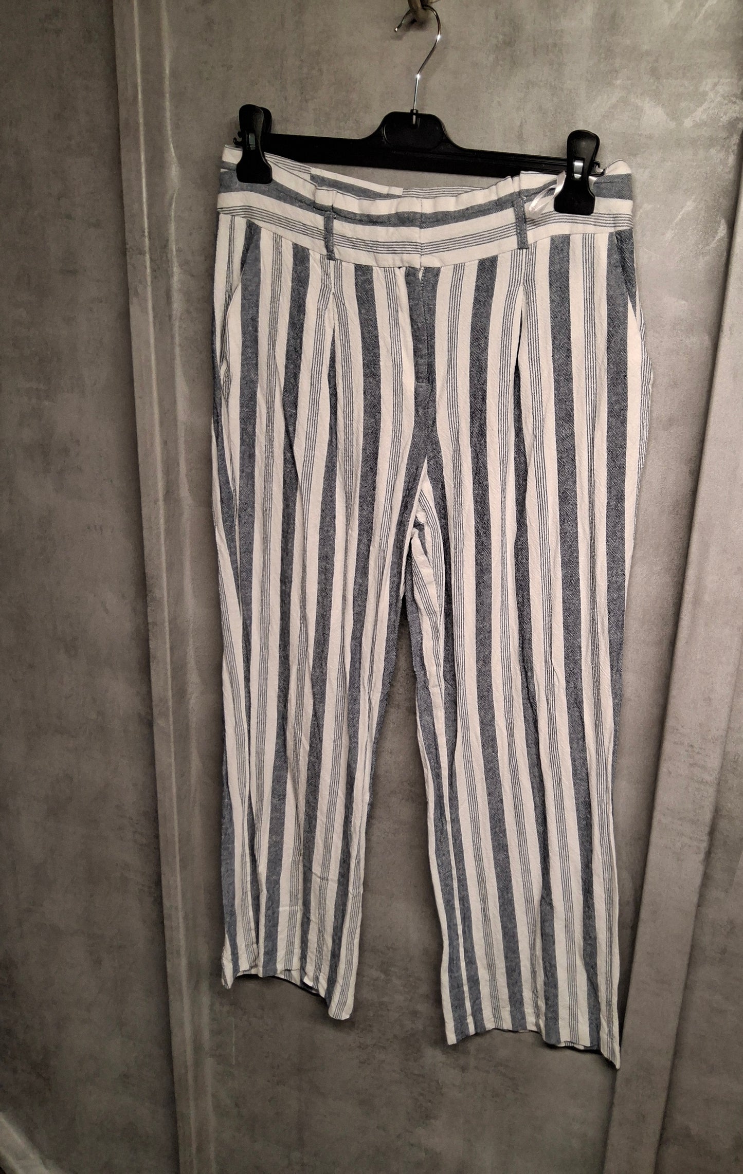 Nutmeg Navy & White Striped Linen-Blend Bootcut Trousers | Size 10