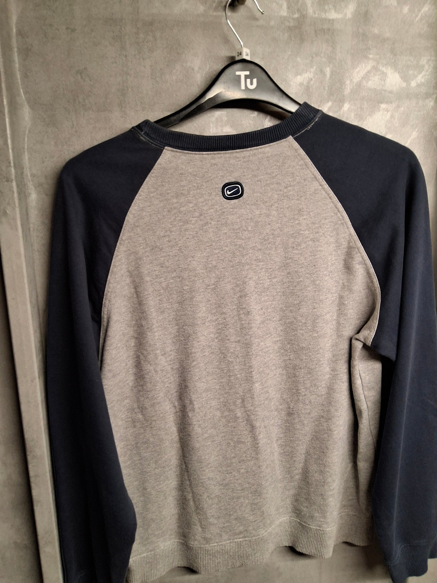Men's Y2K Nike Grey & Navy Sweater – Small, Long Sleeve, Crew Neck, Logo Front, Sporty Retro Fit