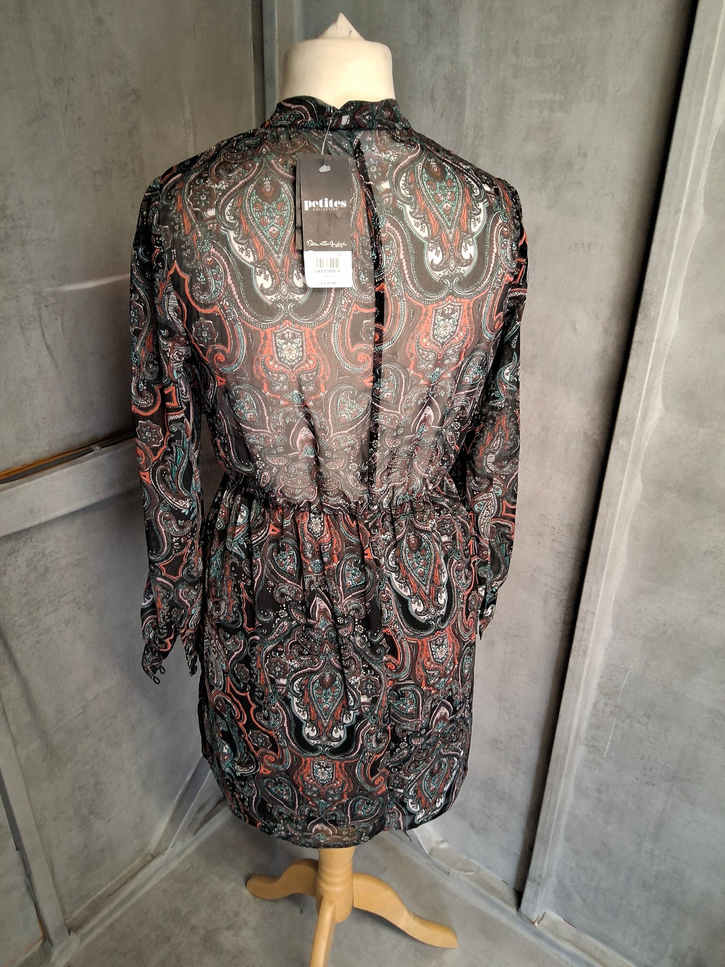 Miss Selfridge Petite Black Paisley Print Mini Dress β Size 12 β NWT