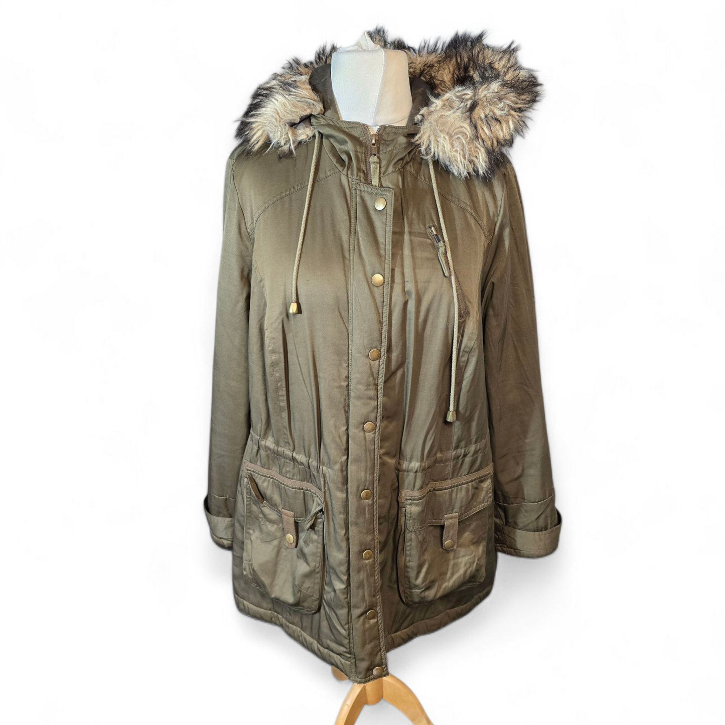 Ann Harvey “Anya” Khaki Green Coat – Size 18 – Faux Fur Hood & Drawstring Waist