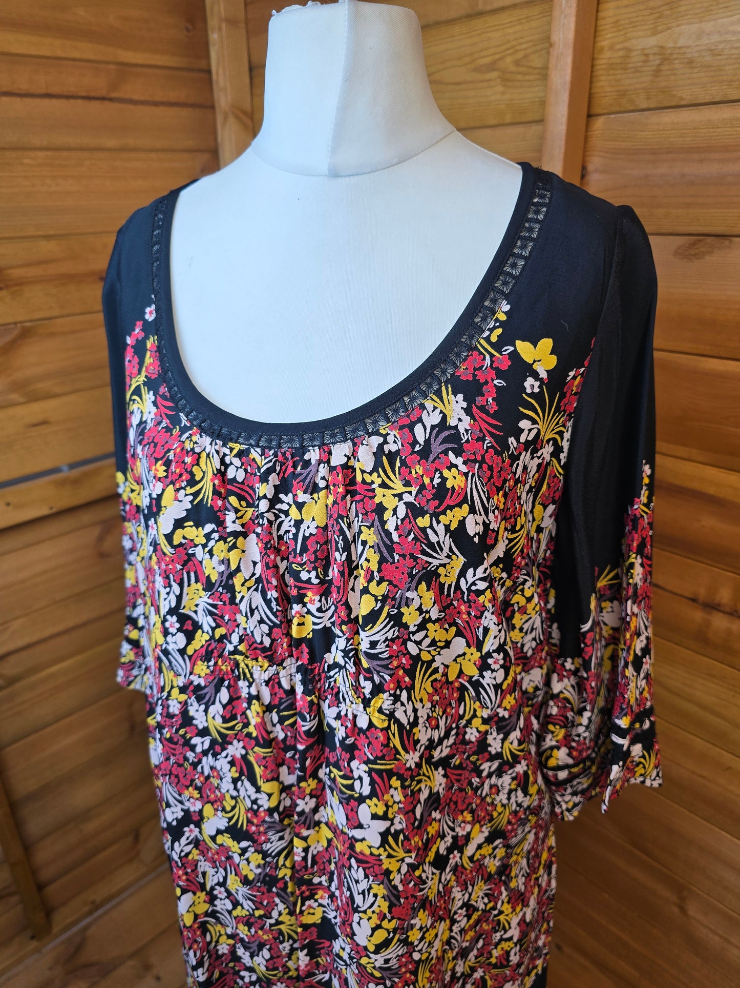 Monsoon Floral Tunic Dress Size 16 – 3/4 Flared Sleeves, Lined, Scoop Neck, Knee Length