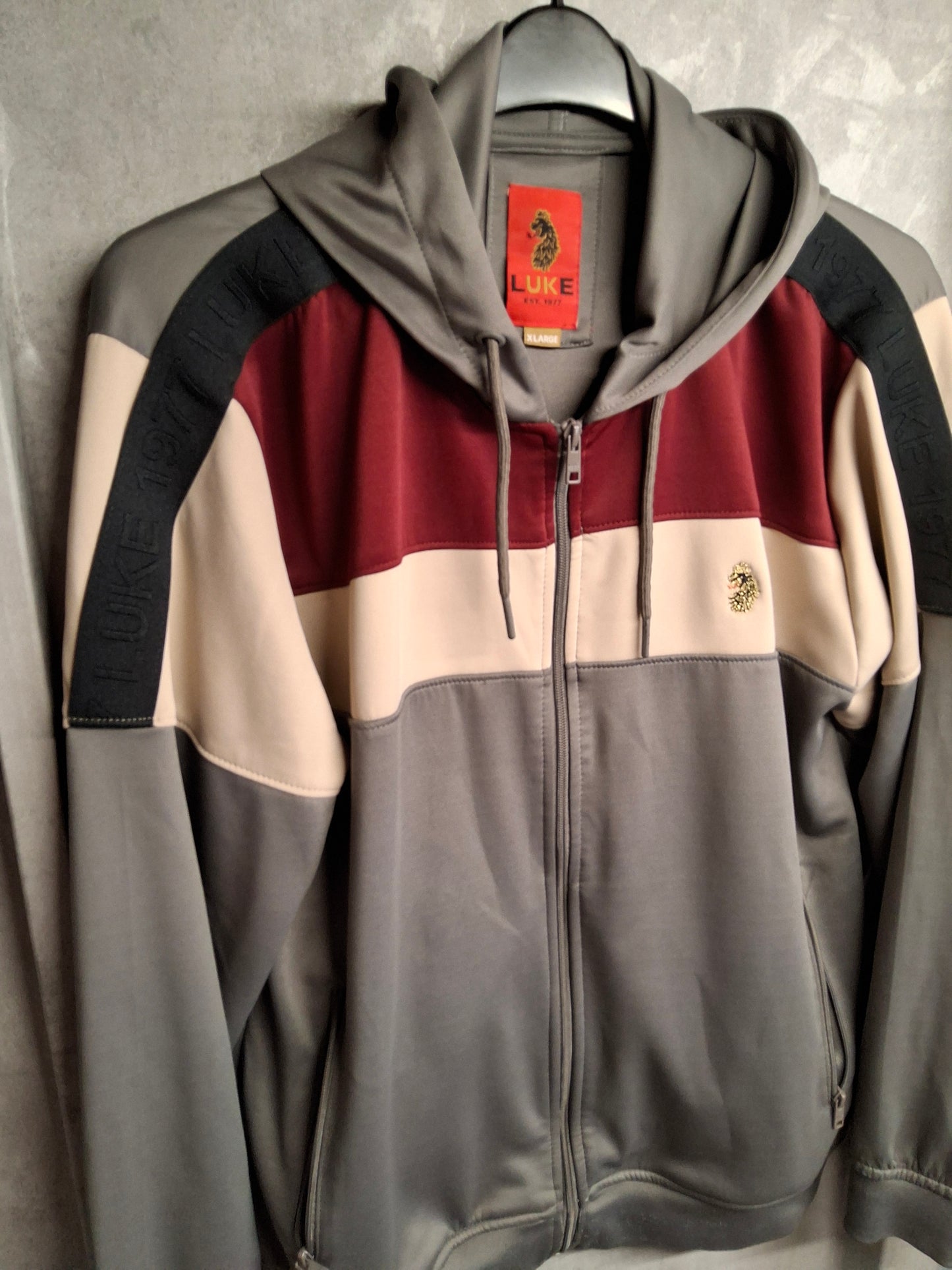 Luke Men’s Grey Beige & Burgundy Zip Up Hoodie – XL – Drawstring Hood & Zipped Pockets