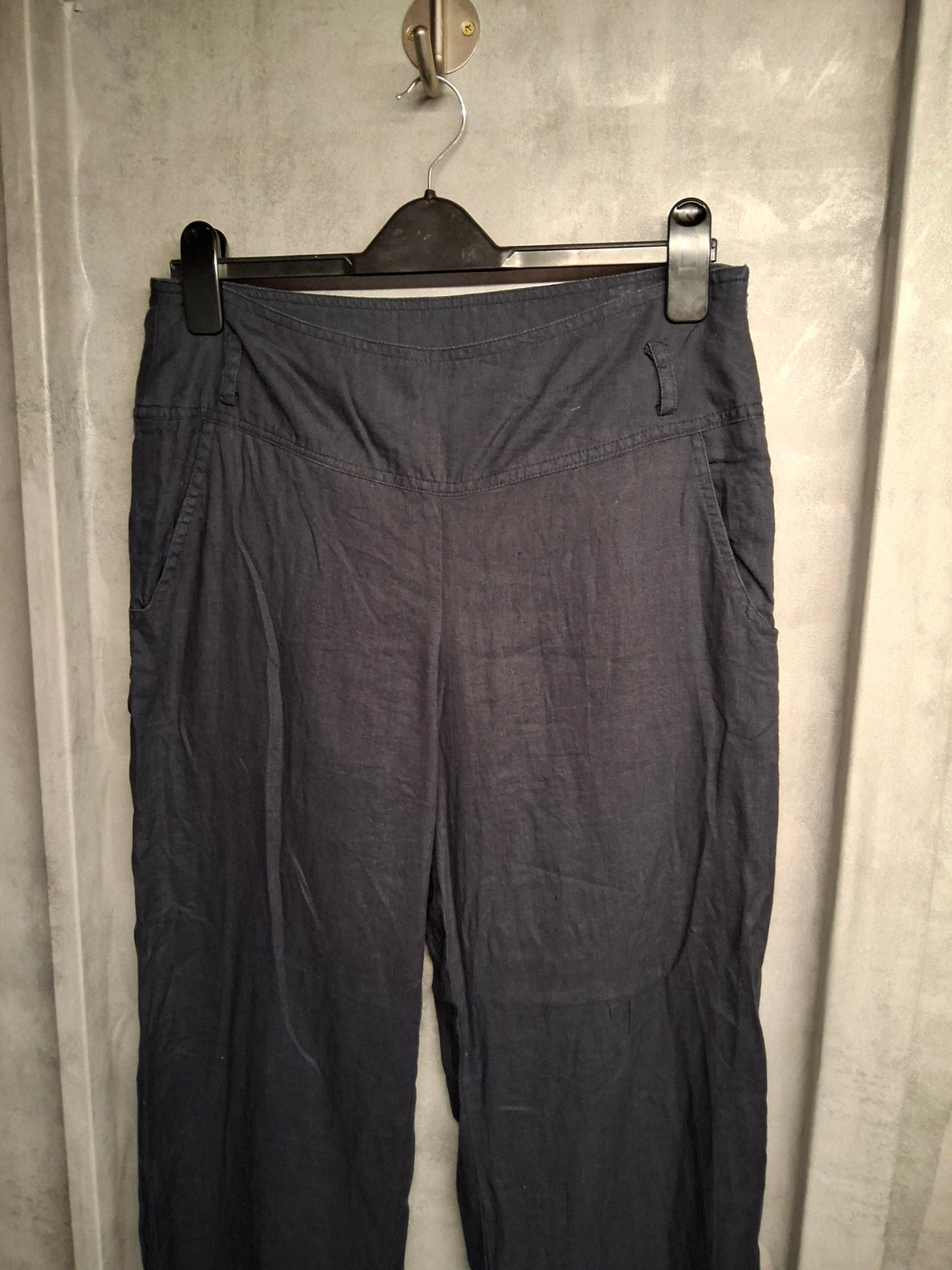 Solar Navy 100% Linen Trousers – Size 12 – Flared Leg & High Waist