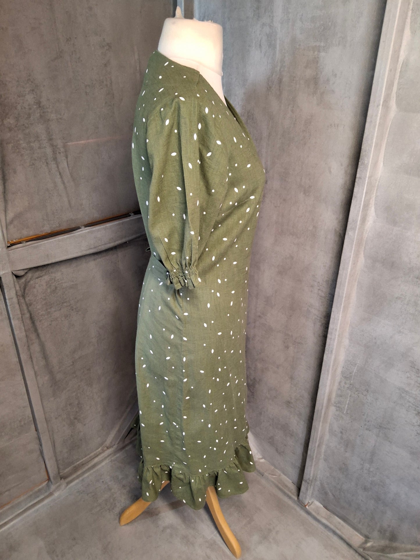 Next Petite Khaki Green Midi Wrap Dress – Size 12P – Linen Blend – NWT RRP £40