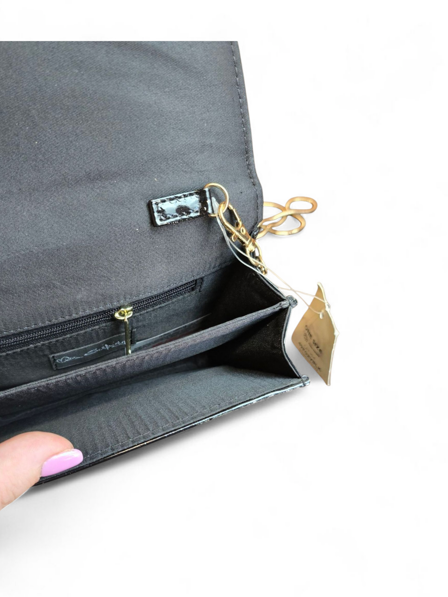 Miss Selfridge Black Patent Clutch – Gold Chain, Removable Strap, Popper Close, 17x11cm
