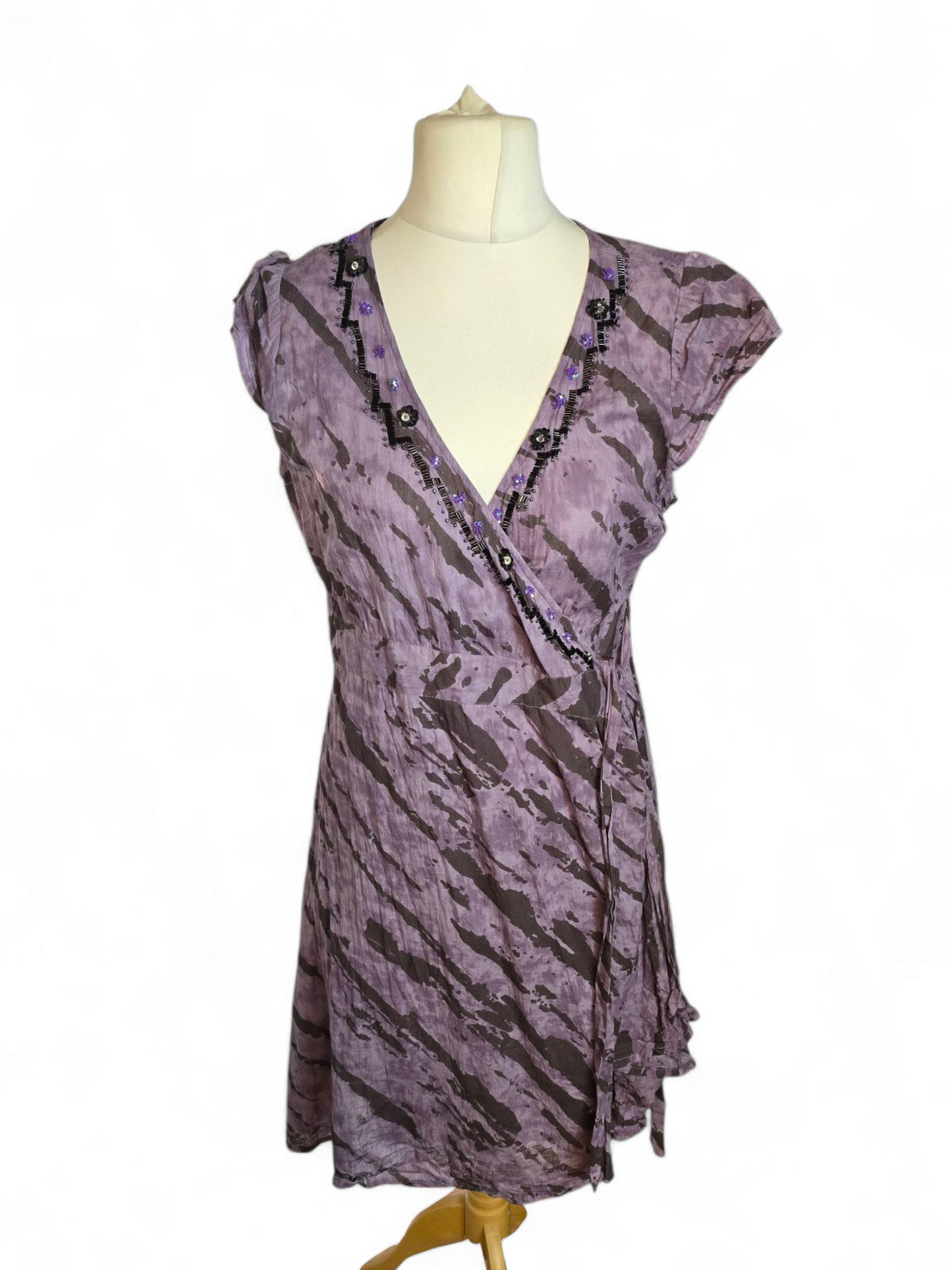 Joe Browns Purple Zebra Print Wrap Dress Size 16 – Midi, V-Neck, Gem Detail, 100% Cotton