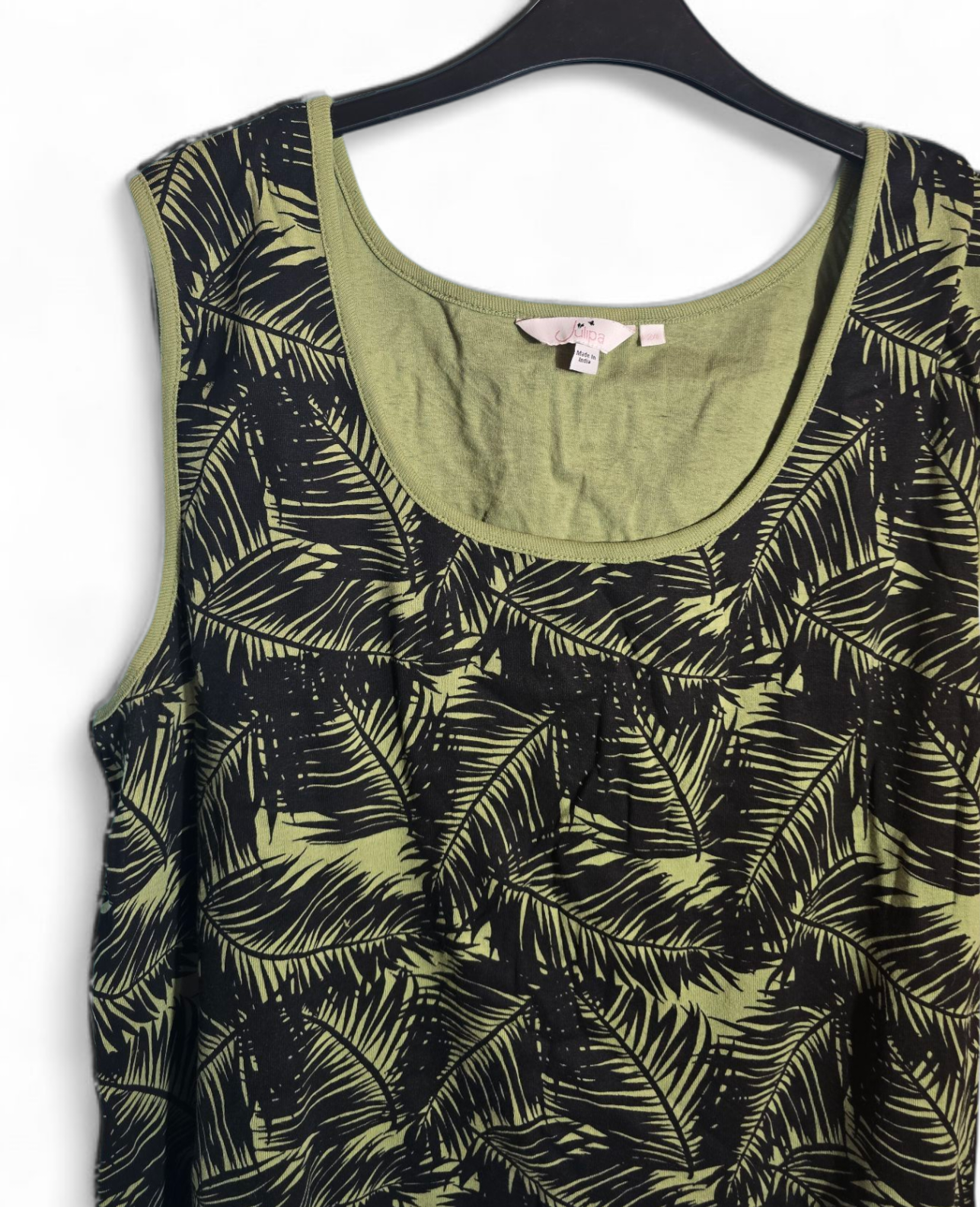 Julipa Green & Black Leaf Print Vest Top | Size 24 UK | Sleeveless Round Neck