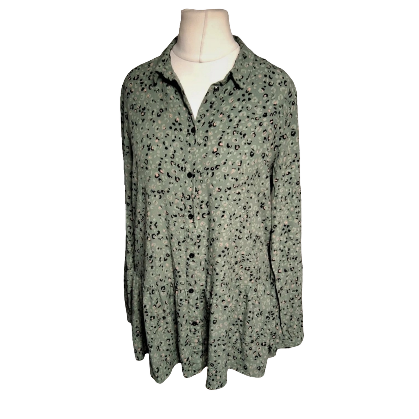 Reserved YFL Khaki Green Animal Print Shirt β Frill Hem β Size 12 β Button Front