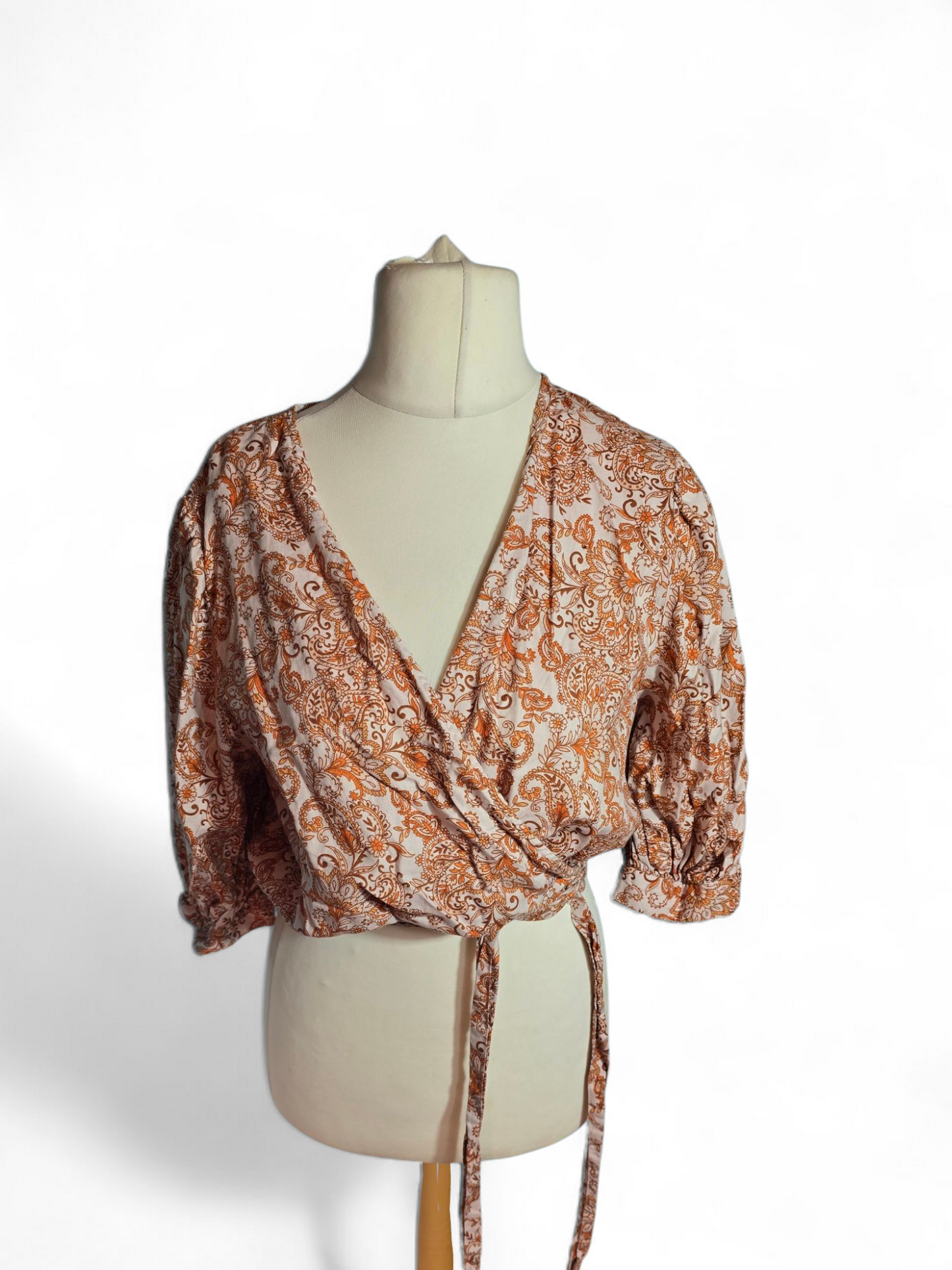 George White & Orange Wrap Crop Top | Size 12 UK | 3/4 Sleeve, Tie Front