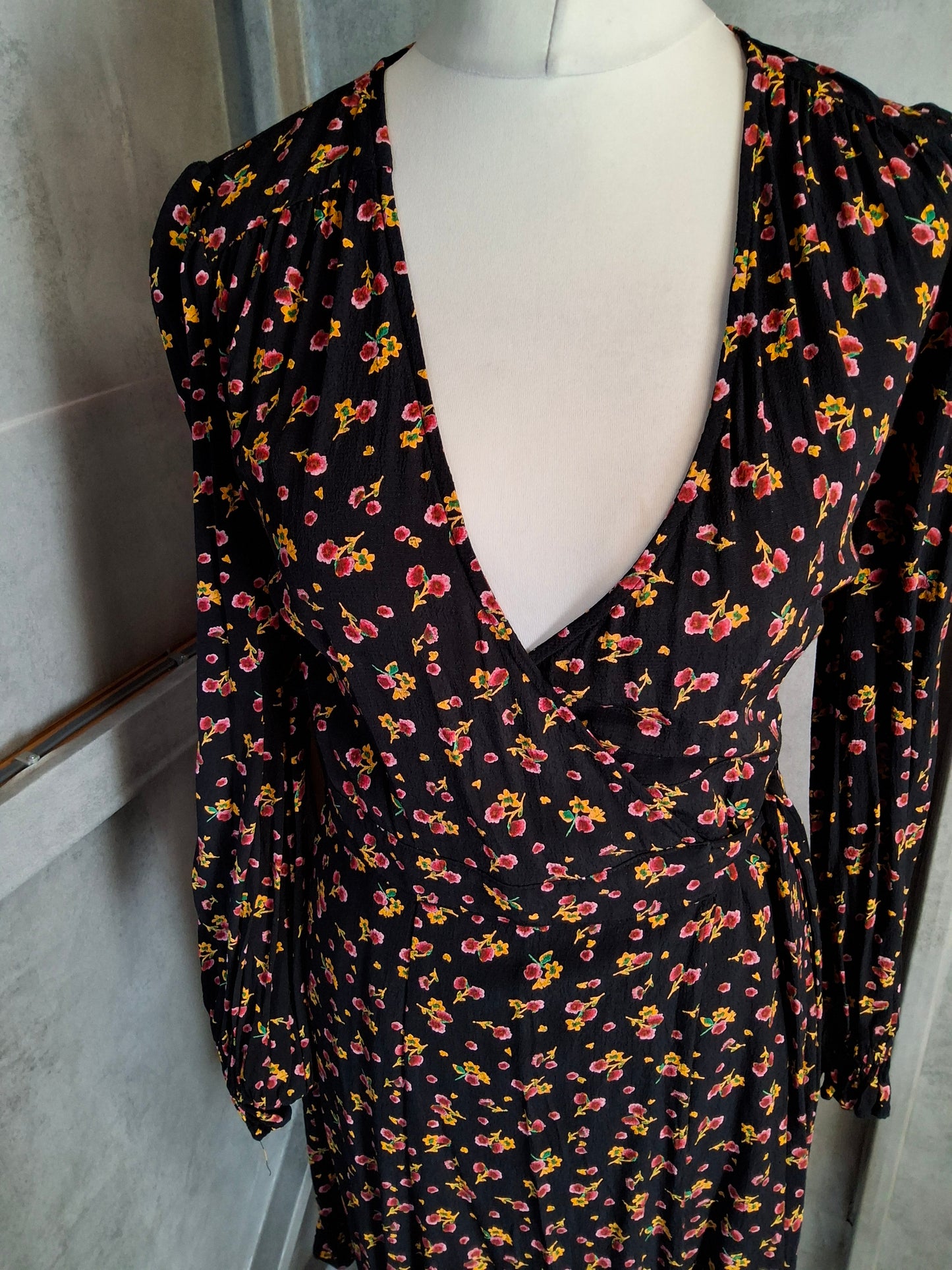 M&S Ghost Black Floral Wrap Midi Dress – Size 8 Regular – Viscose Elegance