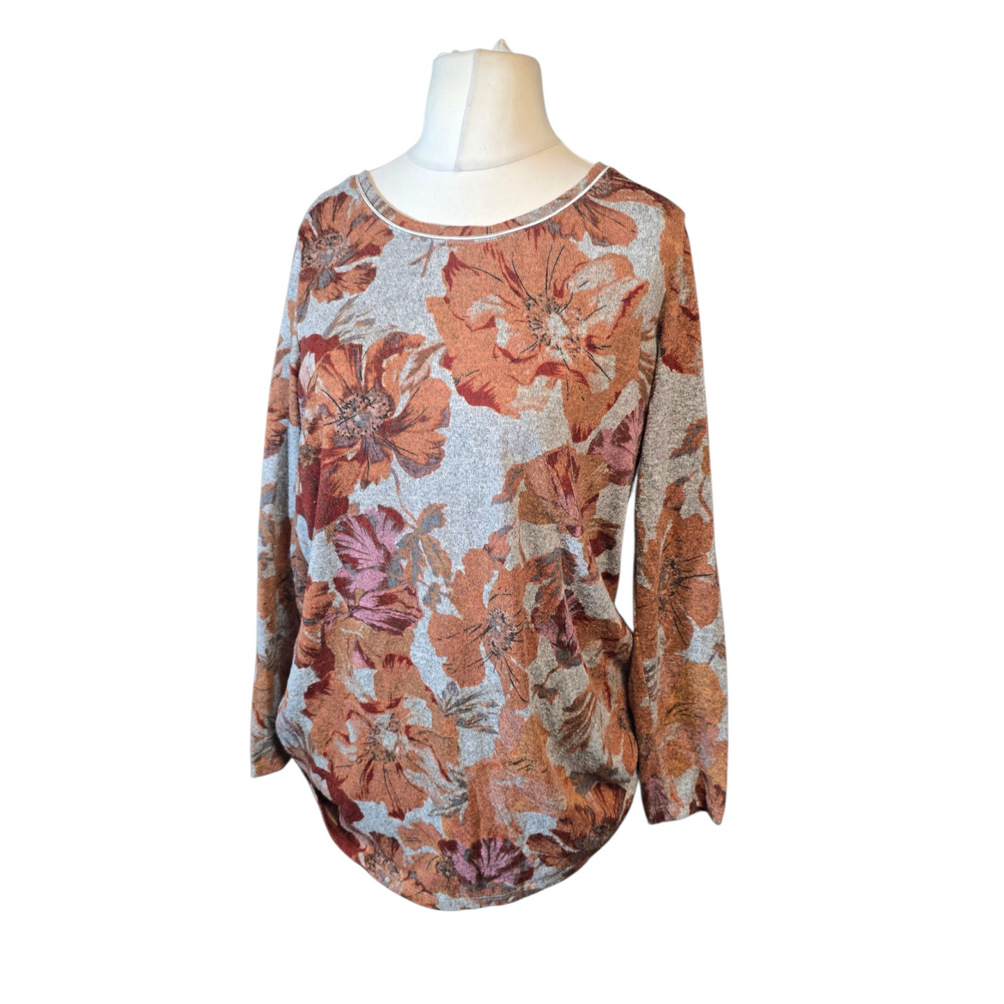 M&S Classic Grey & Light Brown Floral Lightweight Jumper ā Size 16 ā Longer Length