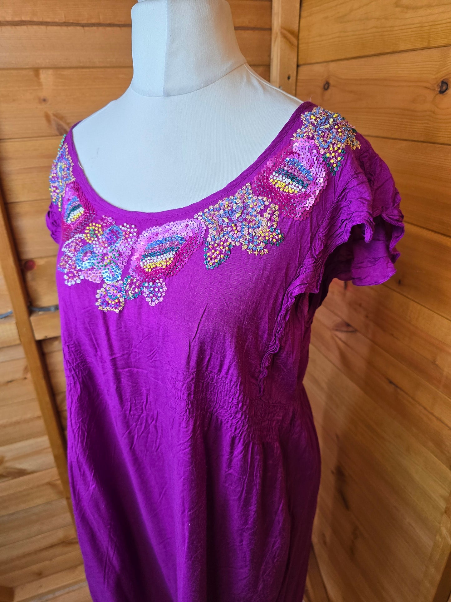 New Look Purple A-Line Dress | Size 16 UK | Beaded Front, Frill Sleeves, Tie Back