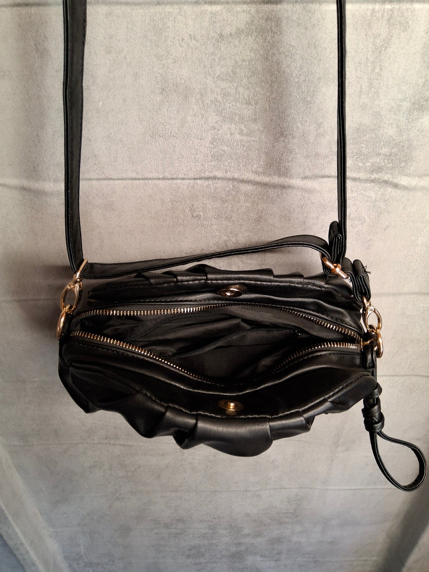 Matalan Black Pleated Shoulder Bag – Adjustable Strap, Zip & Popper Closure, 24x18cm