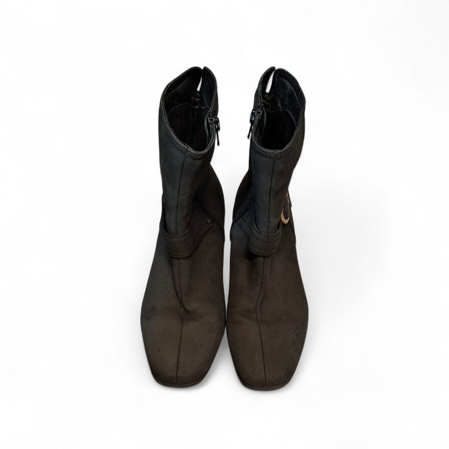 Flyflot Black Leather Ankle Boots ā Gold Buckle ā UK 4 / EU 37