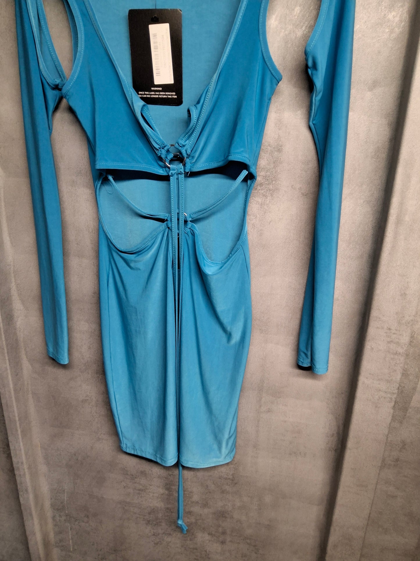 PrettyLittleThing Blue Cold Shoulder Bodycon Mini Dress ā Size 6 ā BNWT ā Tie Front Party Look