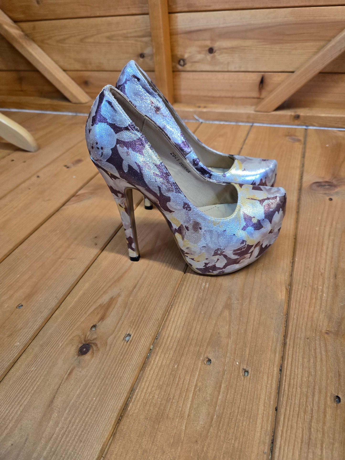 Sergio Todzi Silver, Purple & Yellow Floral Platform High Heels UK 4 – Metallic 13cm Heel