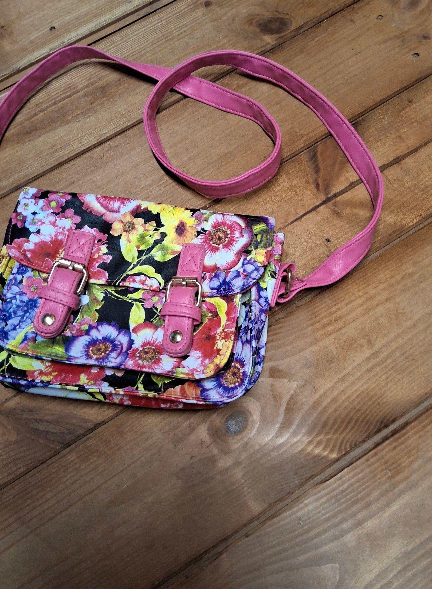 Peacocks Girls Floral Faux Leather Satchel Bag – Adjustable Strap – 20x15cm
